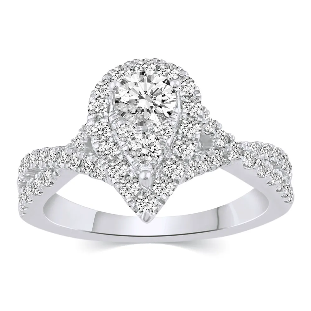 1 1/4 Cttw  (I2 Clarity) Diamond Halo Pear Shape Engagement Wedding Bridal Ring in 14K Gold