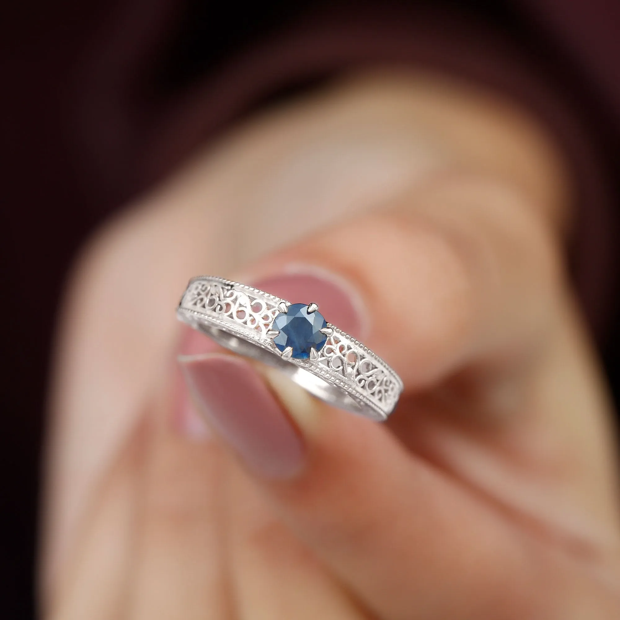 1 CT Round Cut Solitaire Blue Sapphire Filigree Engagement Ring