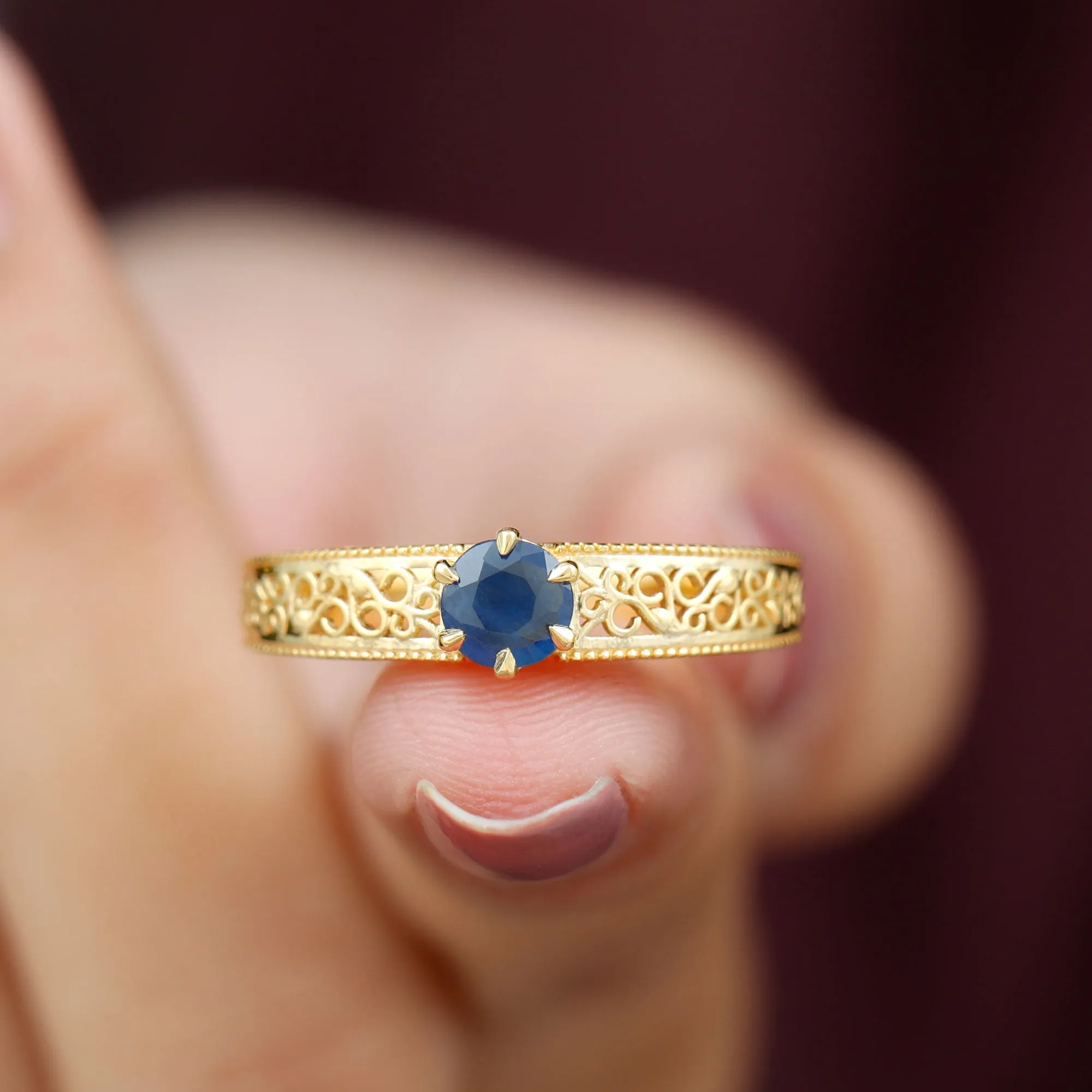1 CT Round Cut Solitaire Blue Sapphire Filigree Engagement Ring