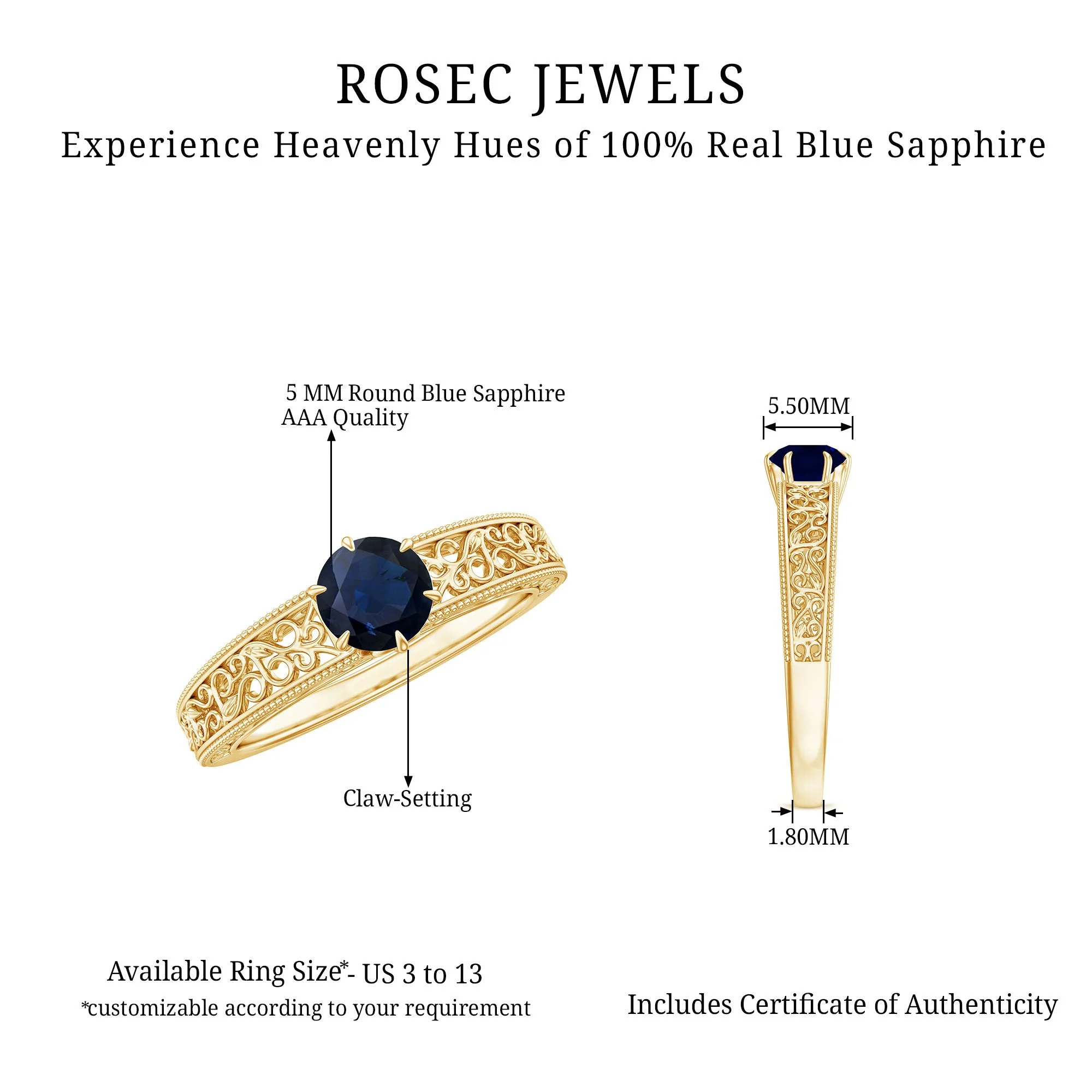 1 CT Round Cut Solitaire Blue Sapphire Filigree Engagement Ring