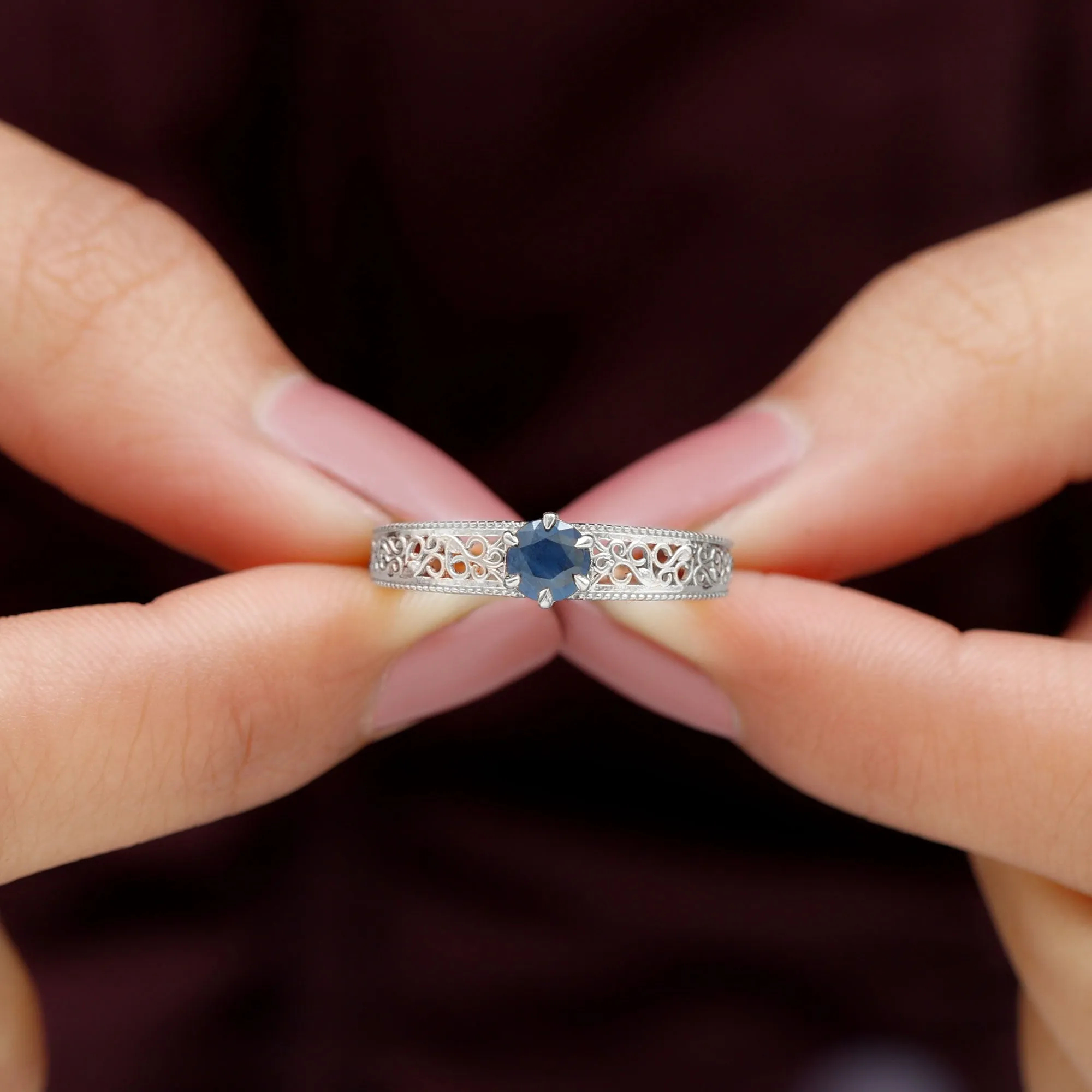 1 CT Round Cut Solitaire Blue Sapphire Filigree Engagement Ring