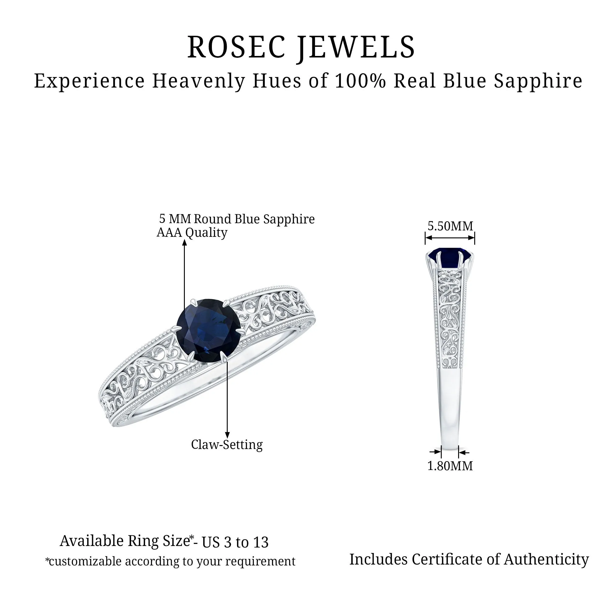 1 CT Round Cut Solitaire Blue Sapphire Filigree Engagement Ring