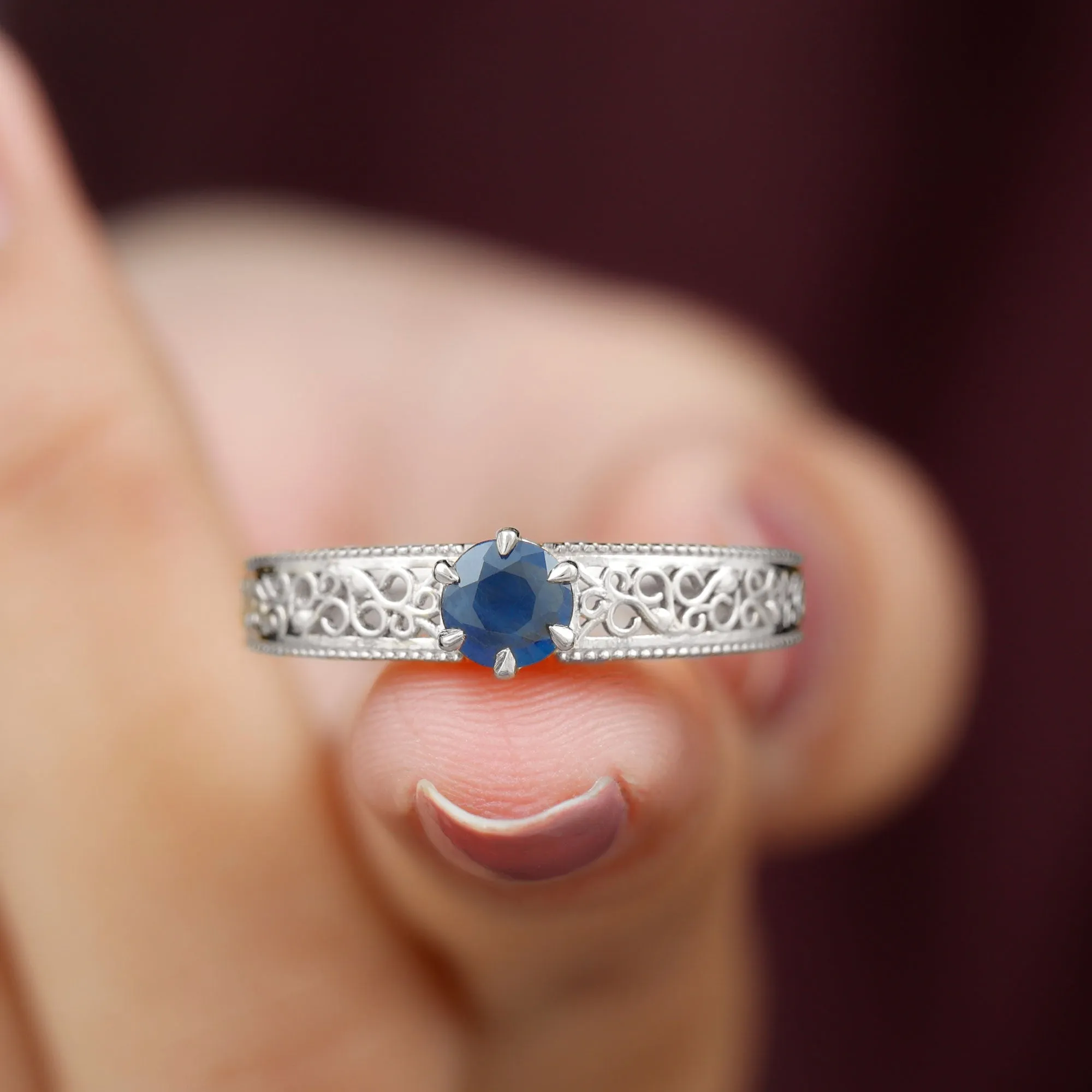 1 CT Round Cut Solitaire Blue Sapphire Filigree Engagement Ring