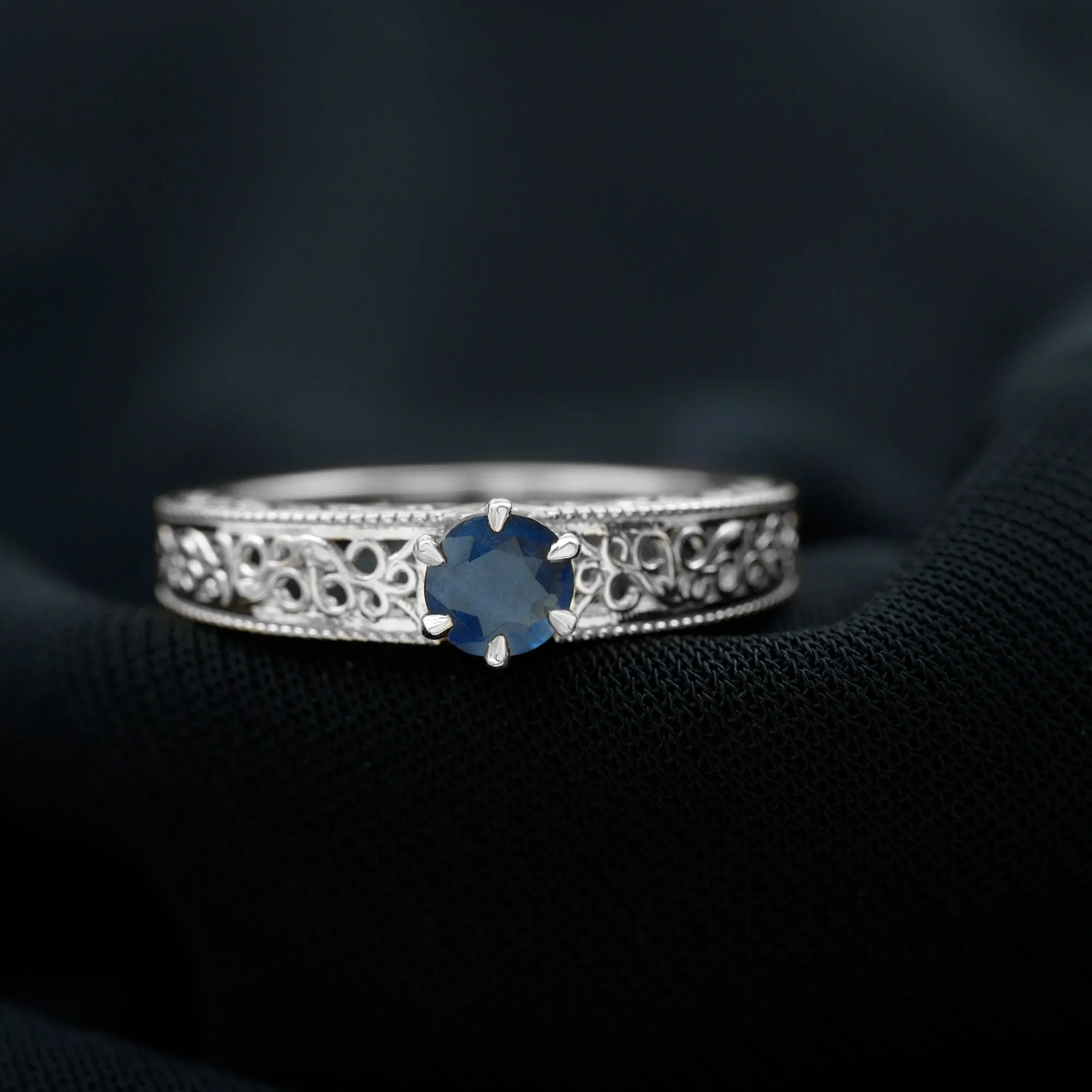 1 CT Round Cut Solitaire Blue Sapphire Filigree Engagement Ring