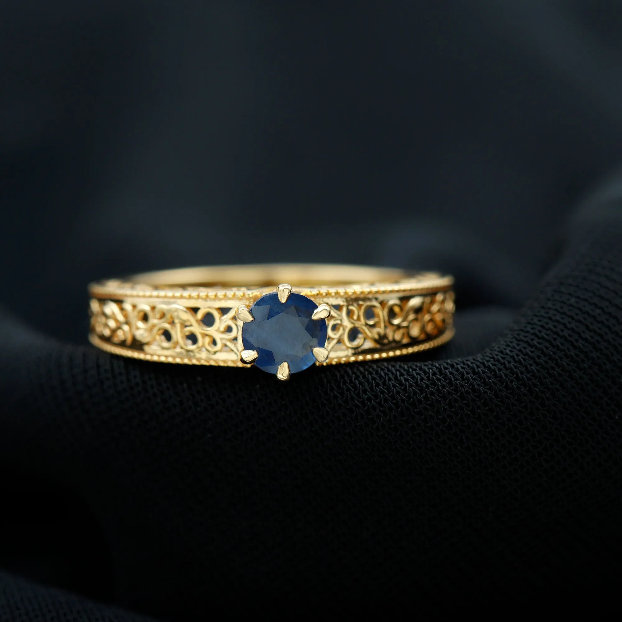 1 CT Round Cut Solitaire Blue Sapphire Filigree Engagement Ring