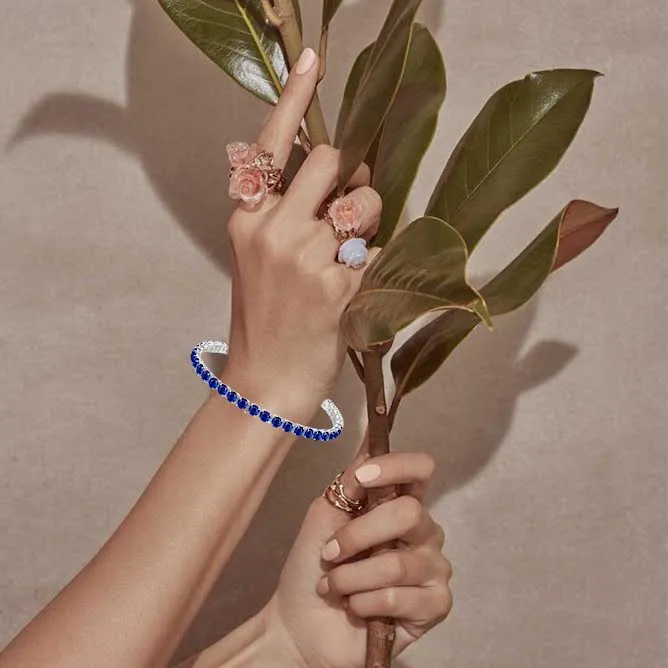 10k White Gold 7 Cttw Created Blue Sapphire Round Adjustable Tennis Plated Bracelet
