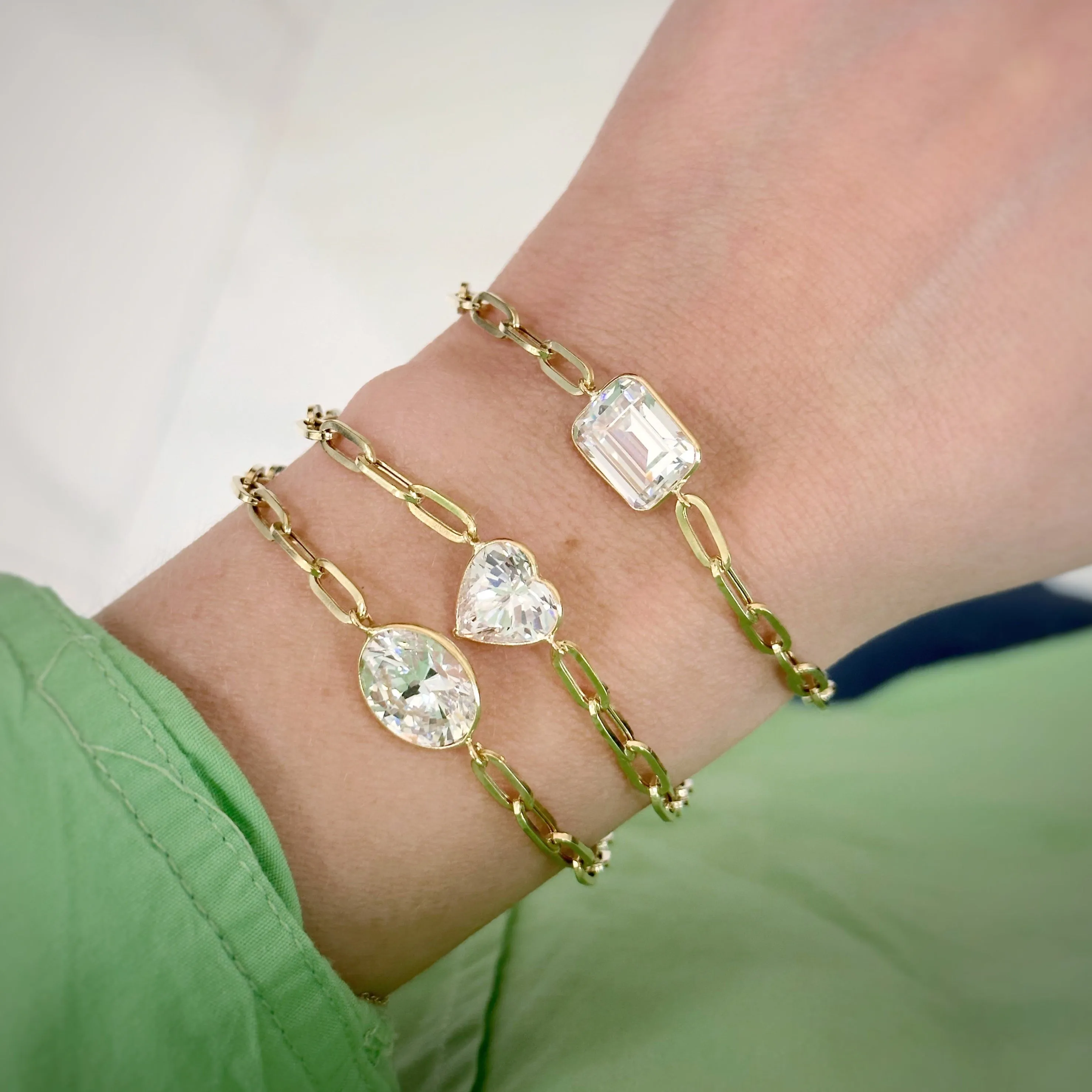14K Gold White Topaz Heart Gemstone Paper Clip Bracelet