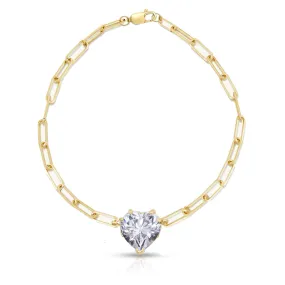 14K Gold White Topaz Heart Gemstone Paper Clip Bracelet