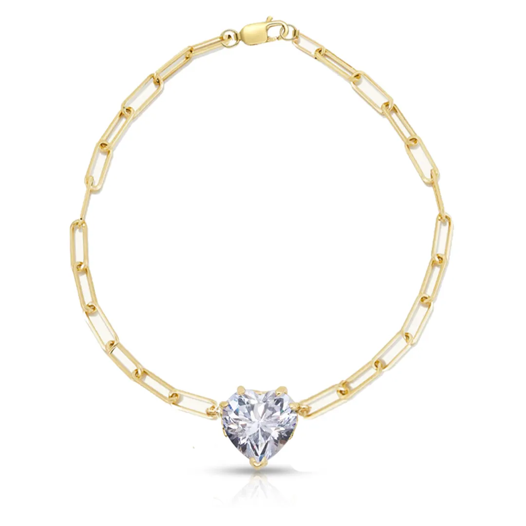 14K Gold White Topaz Heart Gemstone Paper Clip Bracelet