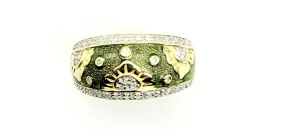 14k Yellow Gold DCPs Green Enamel 2 Row Flower Ring