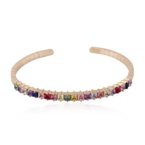 18K Rose Gold Princess Cut Multi Sapphire Gemstone Cuff Bracelet For Her
