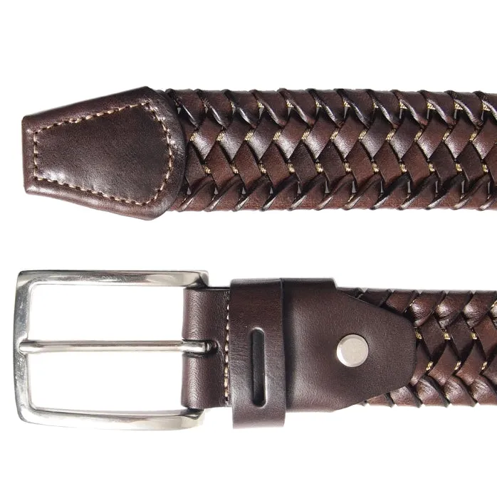 34 mm Leather Elastic Weave Belt Brown