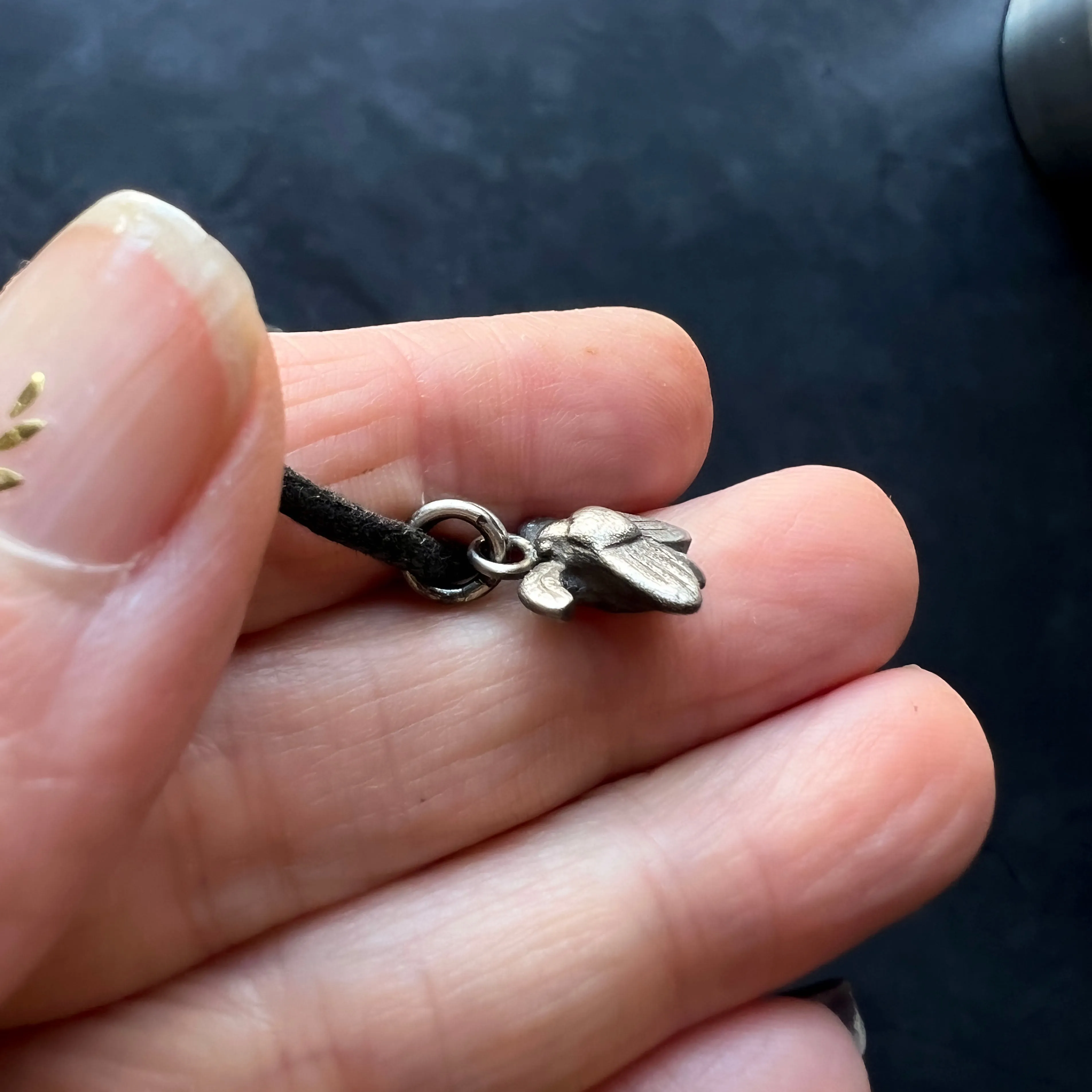 Adjustable Vegan Choker with Tiny Sterling Silver Moth Fly Insect Charm — 13" Choker with 3" Sterling Silver Extension Chain
