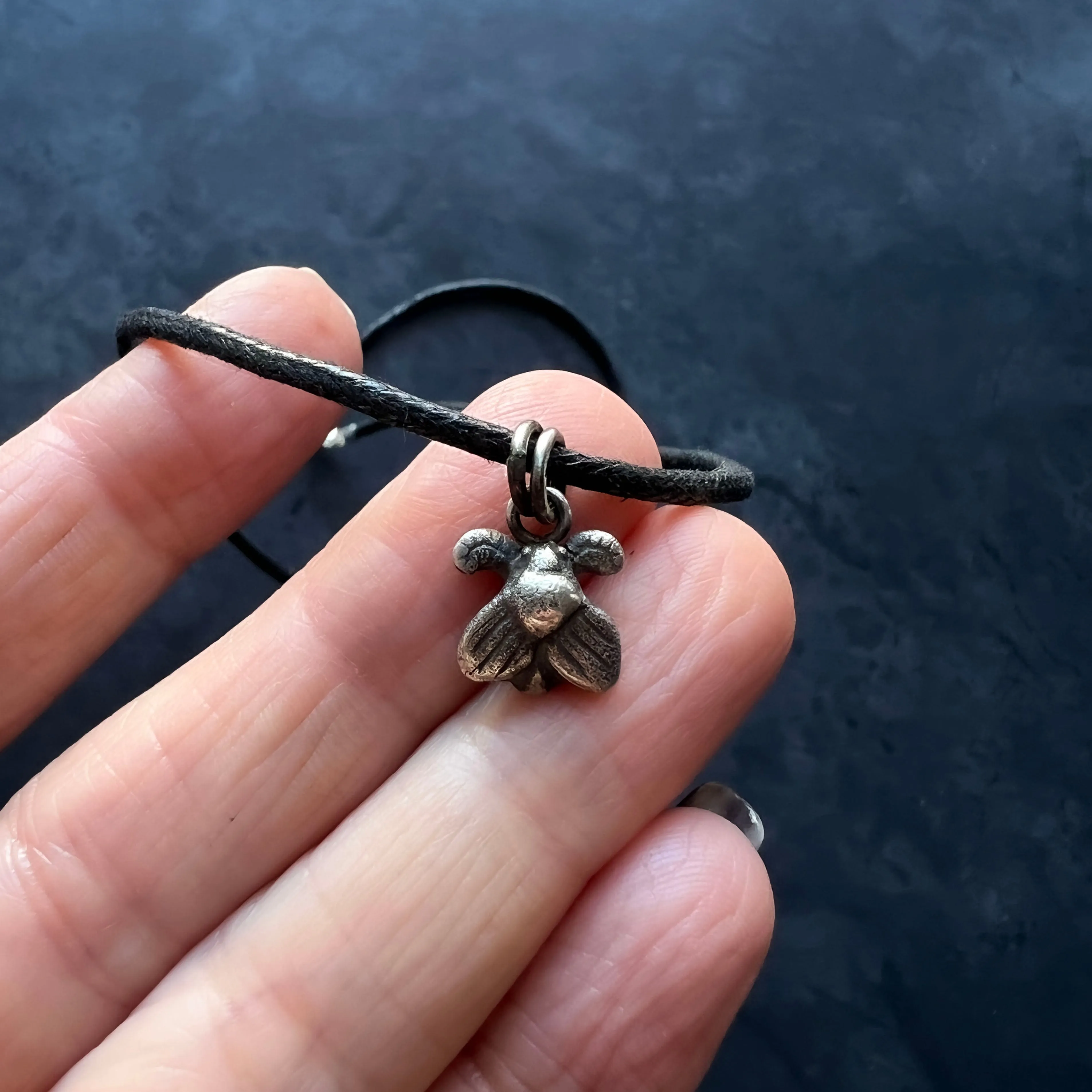 Adjustable Vegan Choker with Tiny Sterling Silver Moth Fly Insect Charm — 13" Choker with 3" Sterling Silver Extension Chain