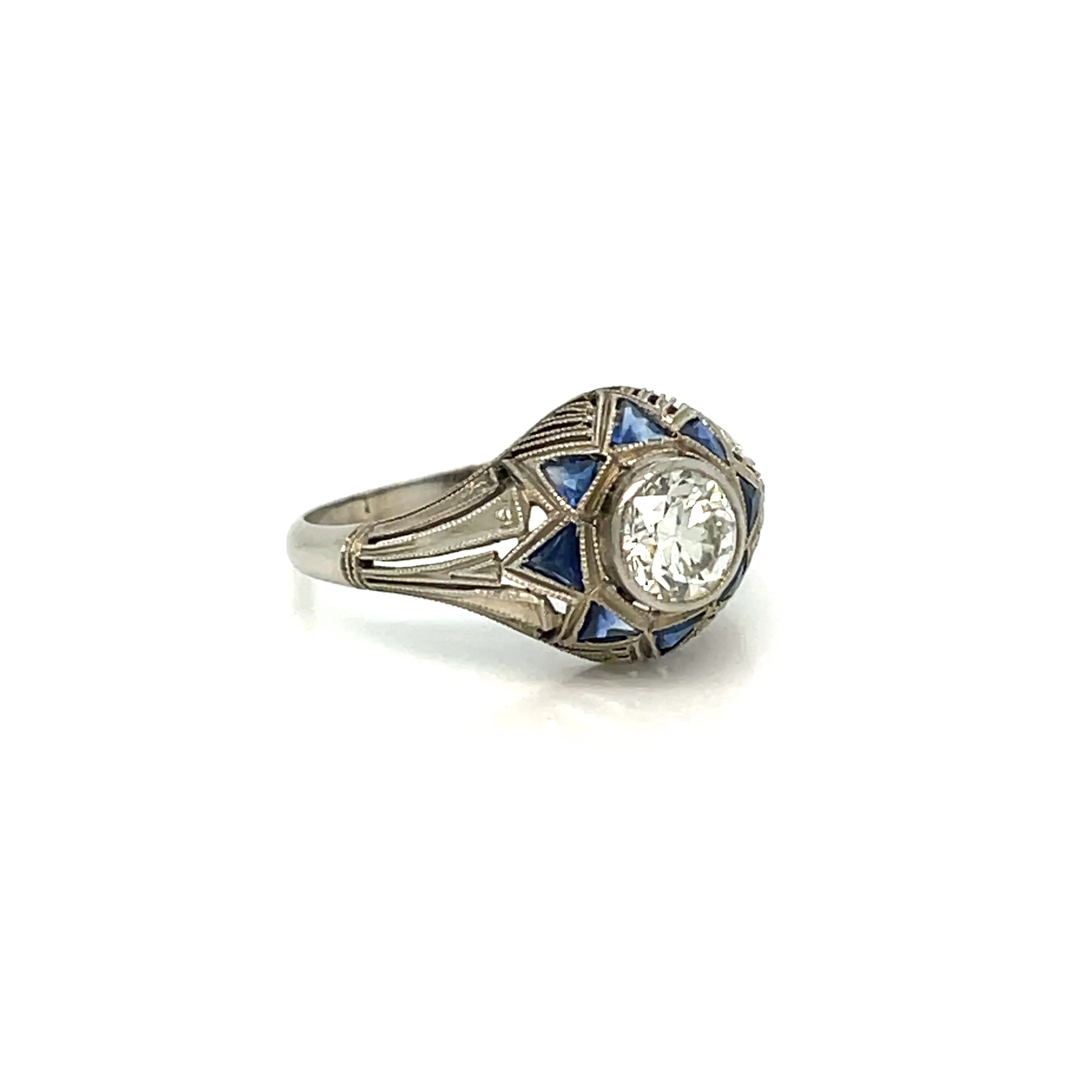Art Deco 0.80 Carat Diamond Sapphire Filigree Ring