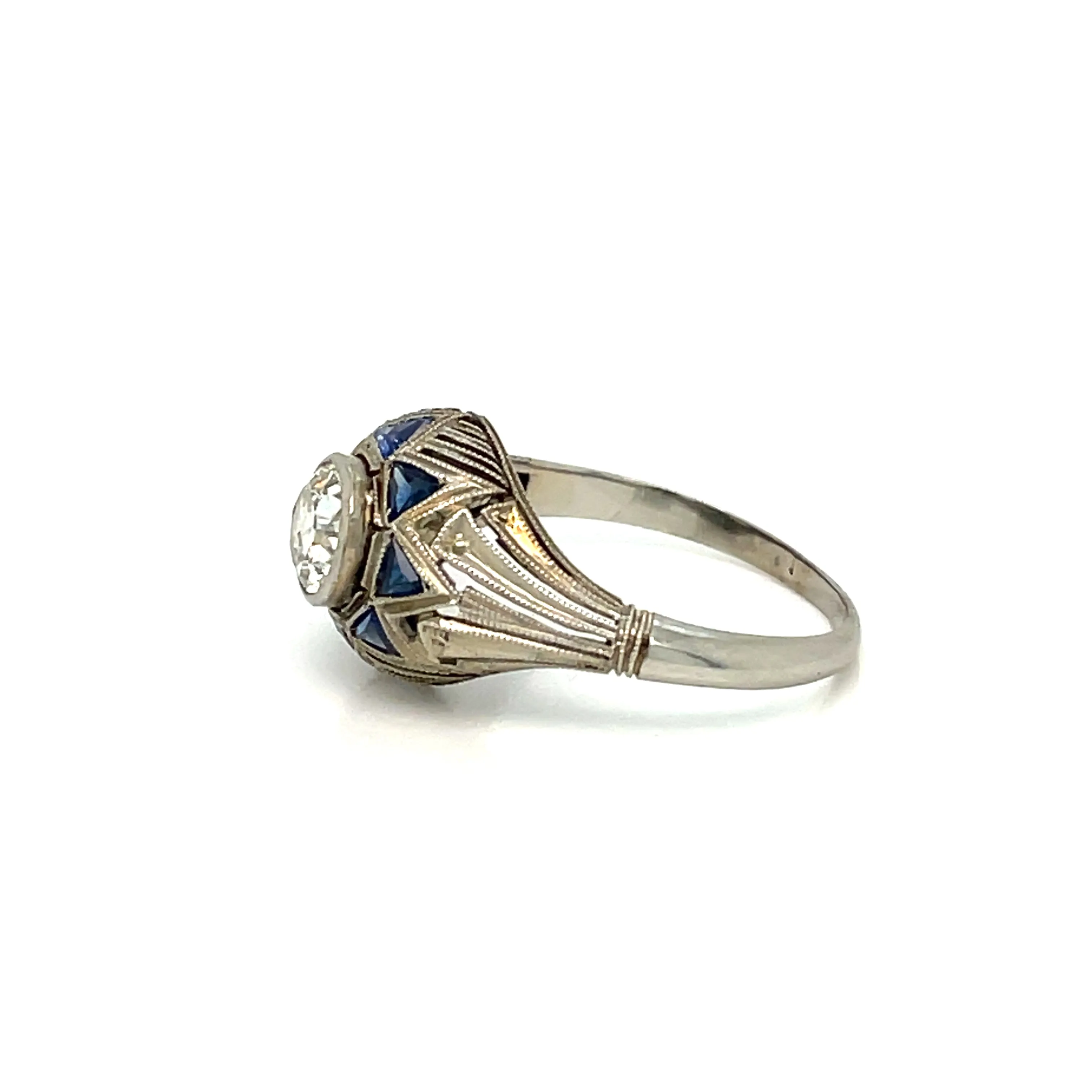 Art Deco 0.80 Carat Diamond Sapphire Filigree Ring