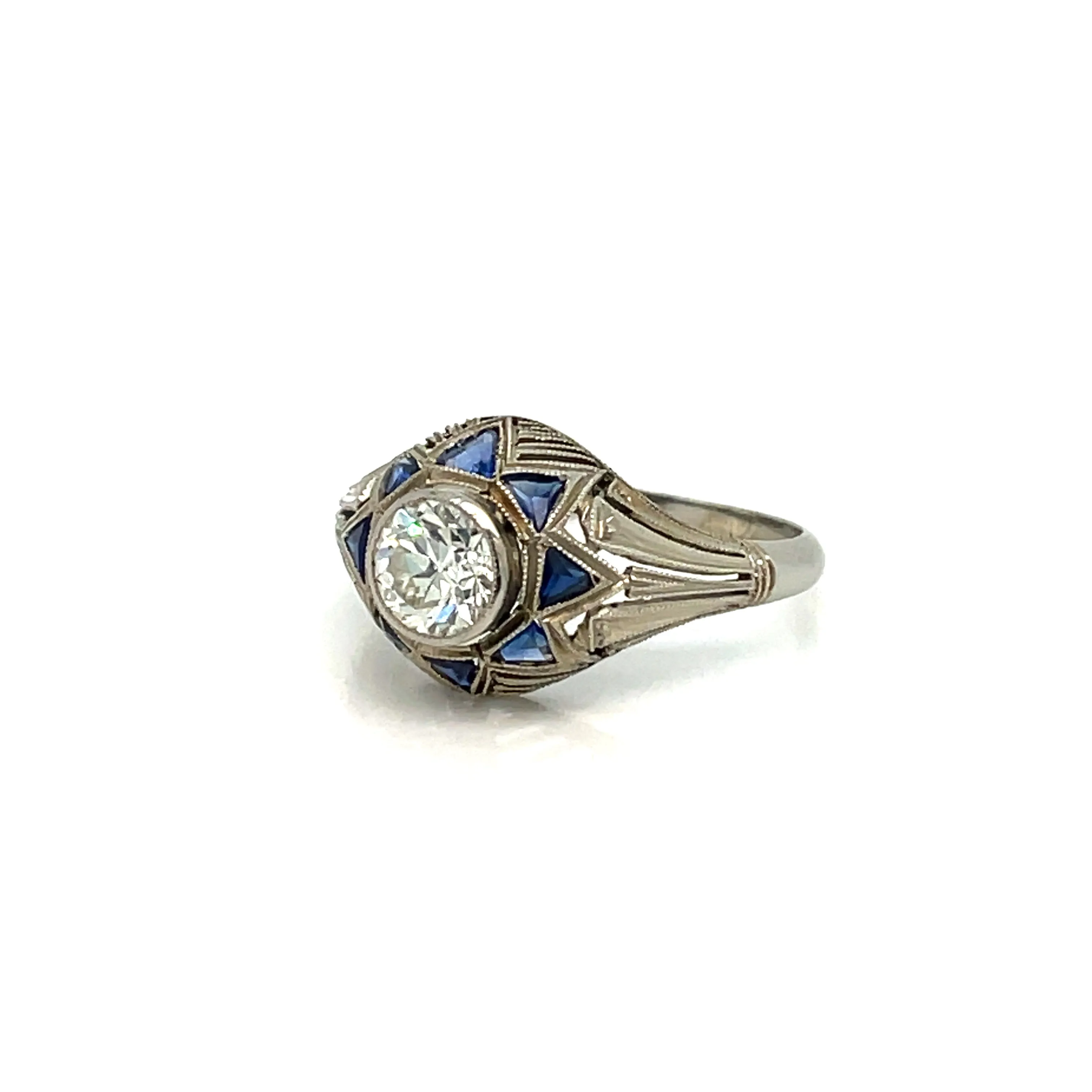 Art Deco 0.80 Carat Diamond Sapphire Filigree Ring