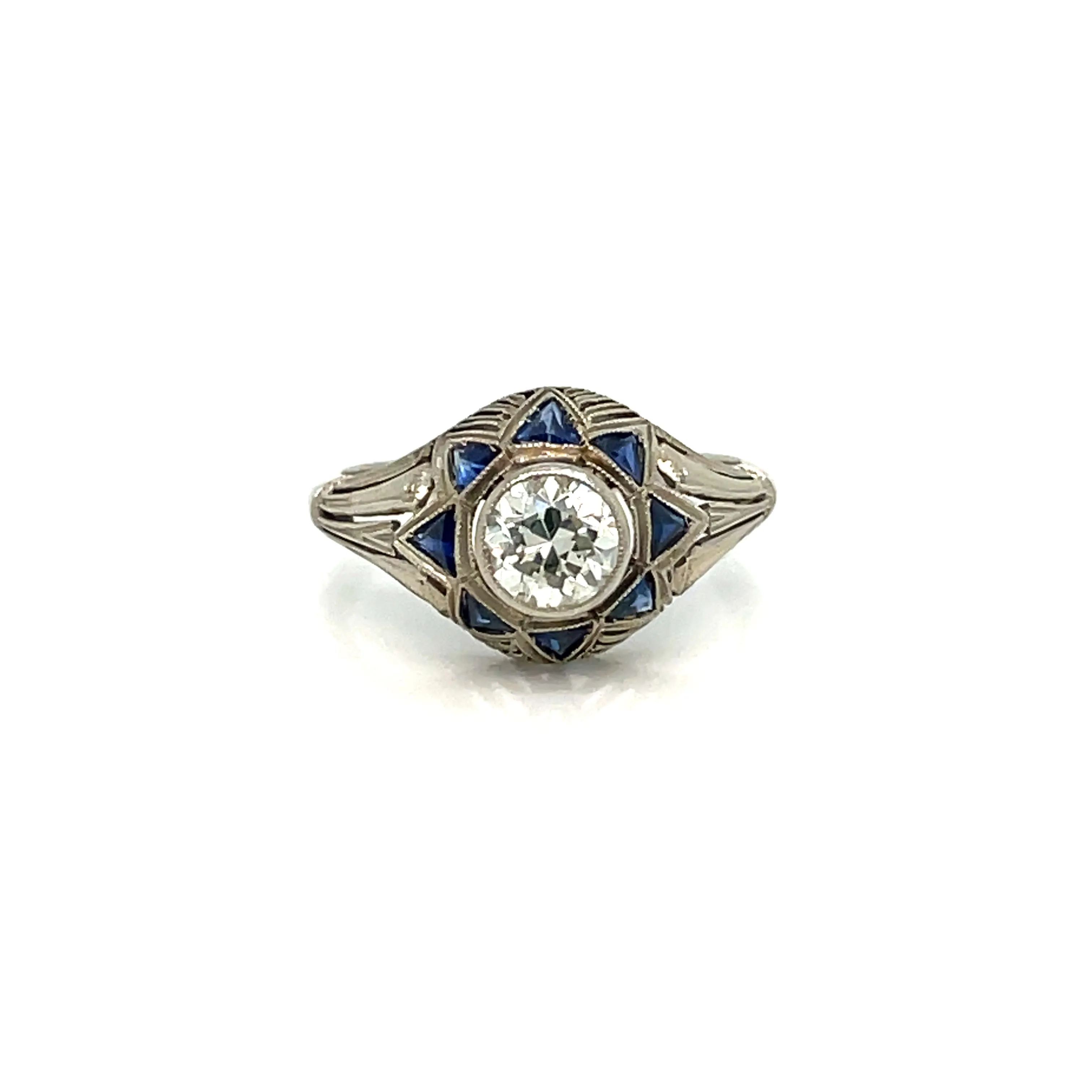 Art Deco 0.80 Carat Diamond Sapphire Filigree Ring