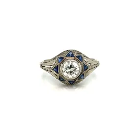 Art Deco 0.80 Carat Diamond Sapphire Filigree Ring