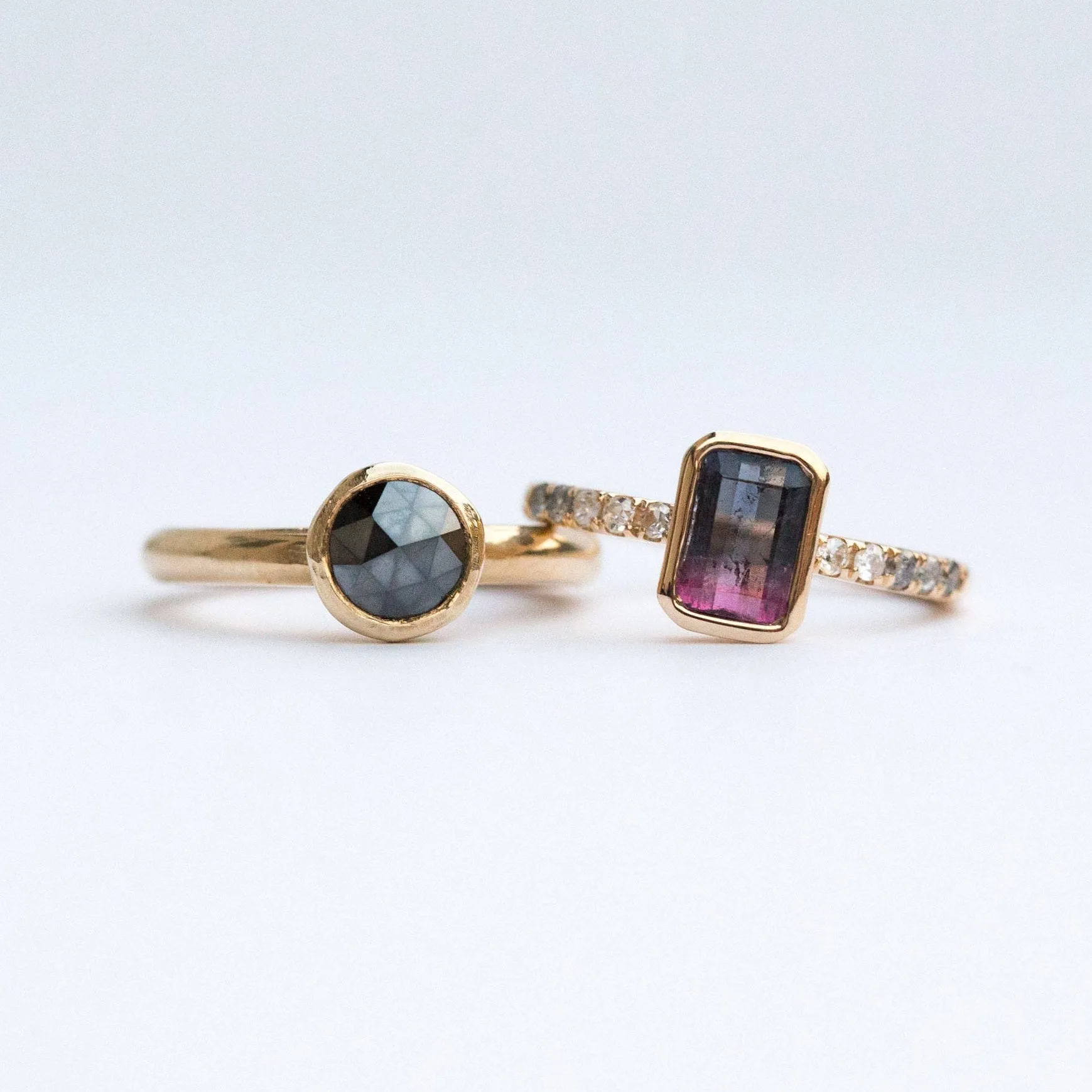Black and Pink Bi Color Tourmaline Ring in yellow gold with ombré grey diamonds by Anueva Jewelry