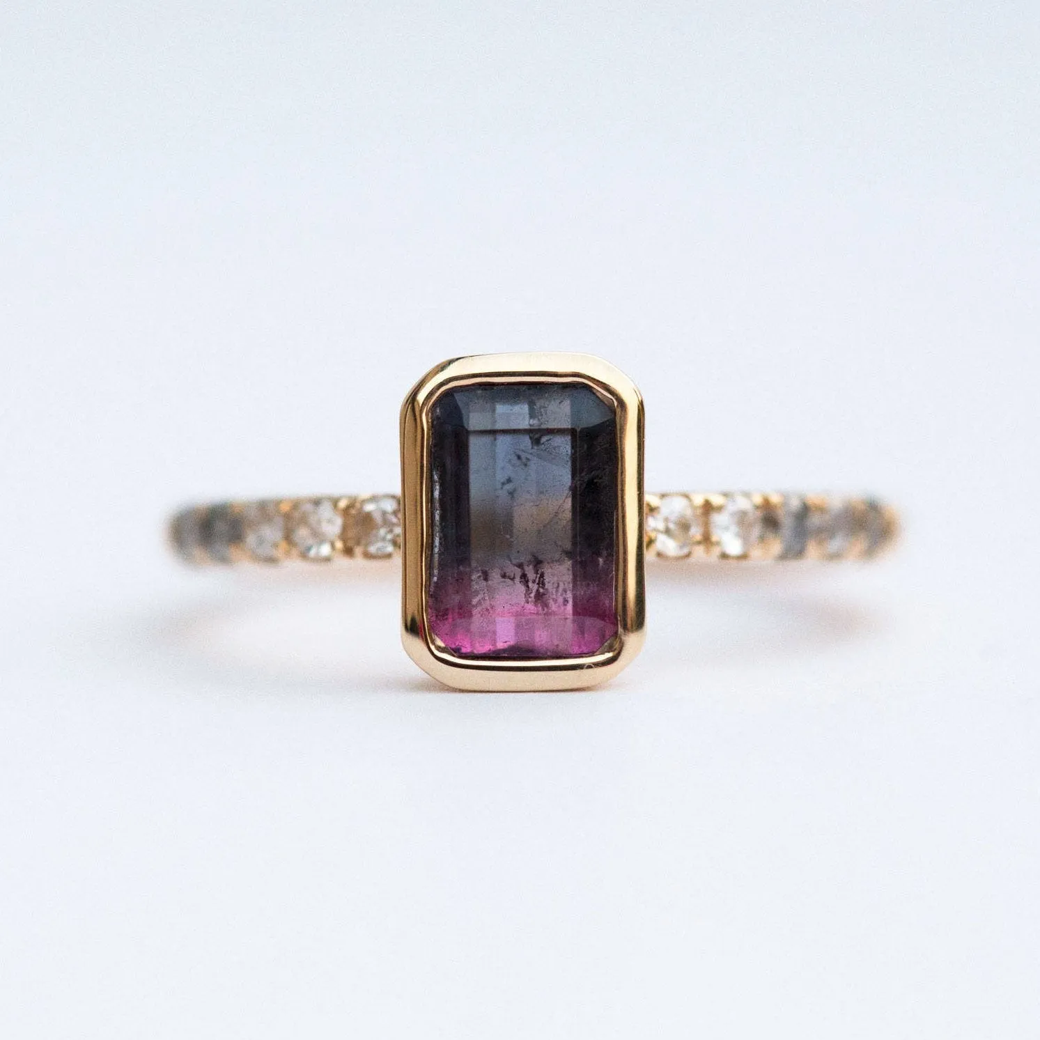 Black and Pink Bi Color Tourmaline Ring in yellow gold with ombré grey diamonds by Anueva Jewelry