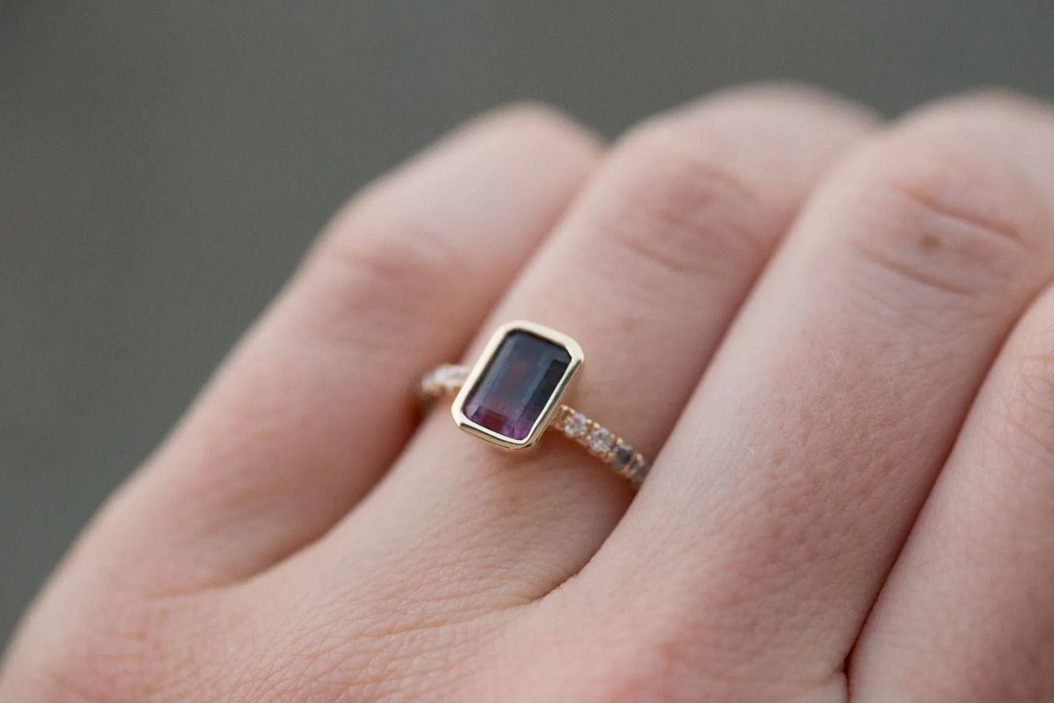 Black and Pink Bi Color Tourmaline Ring in yellow gold with ombré grey diamonds by Anueva Jewelry