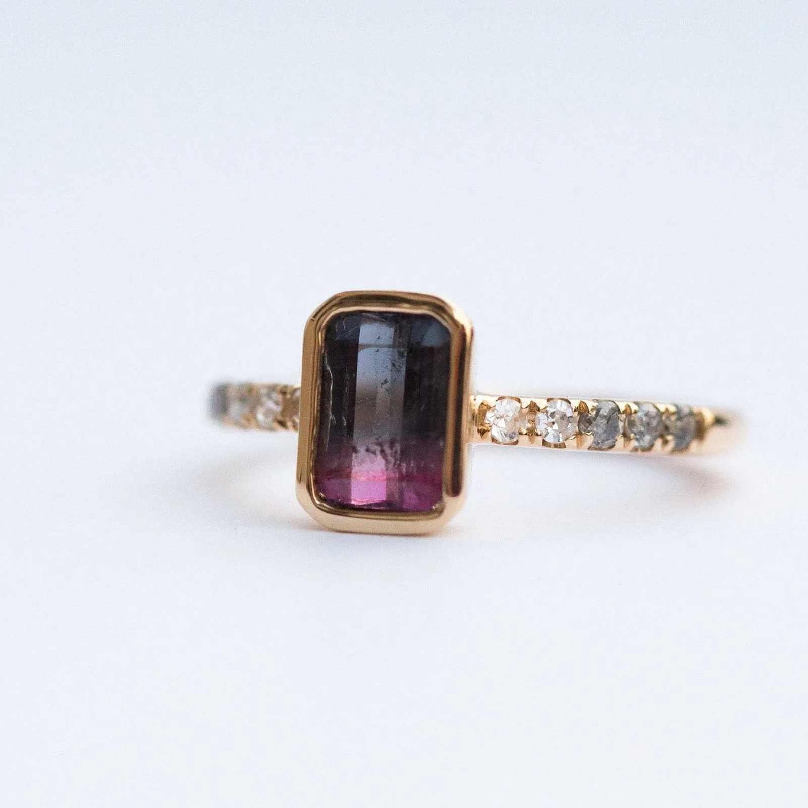 Black and Pink Bi Color Tourmaline Ring in yellow gold with ombré grey diamonds by Anueva Jewelry