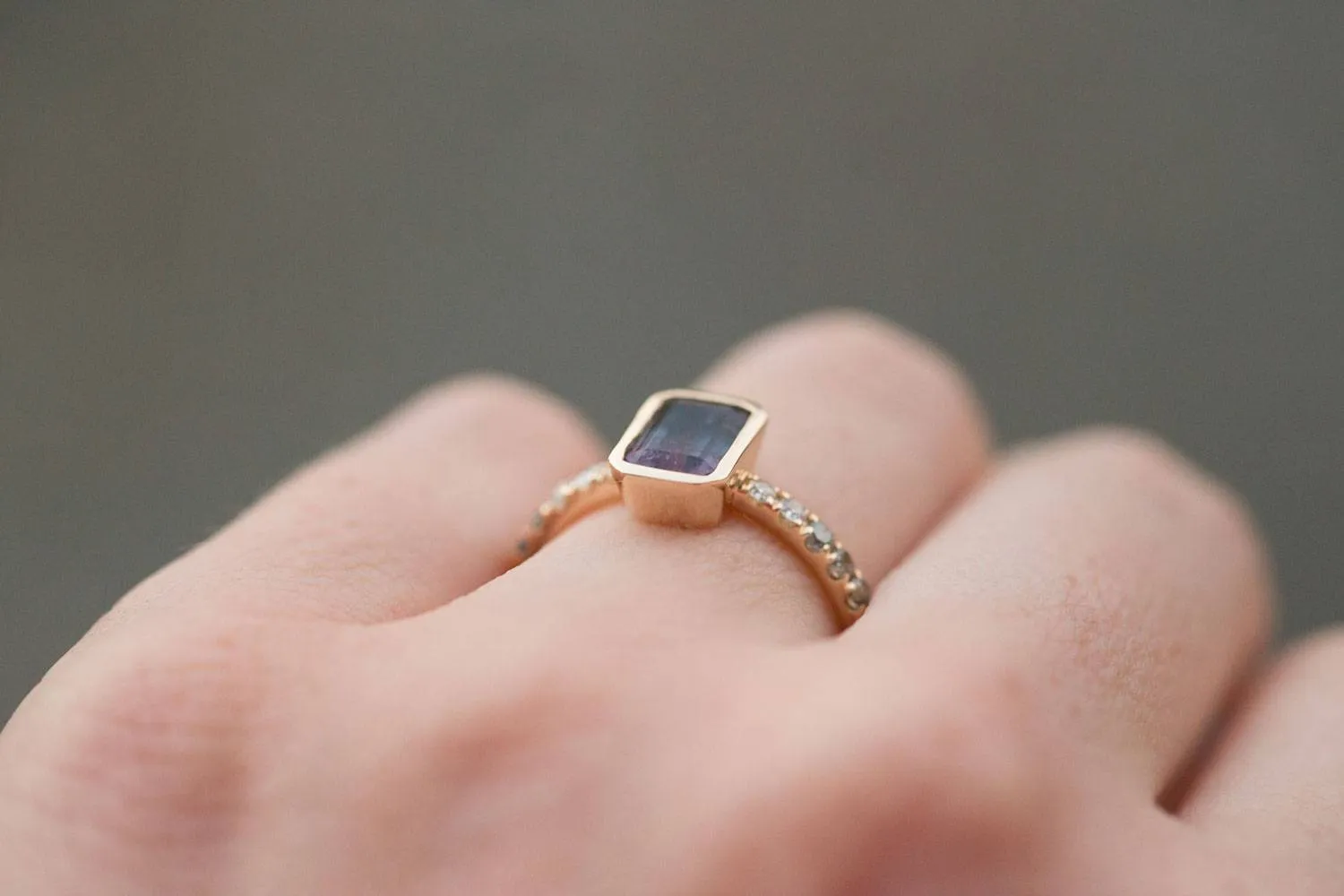 Black and Pink Bi Color Tourmaline Ring in yellow gold with ombré grey diamonds by Anueva Jewelry