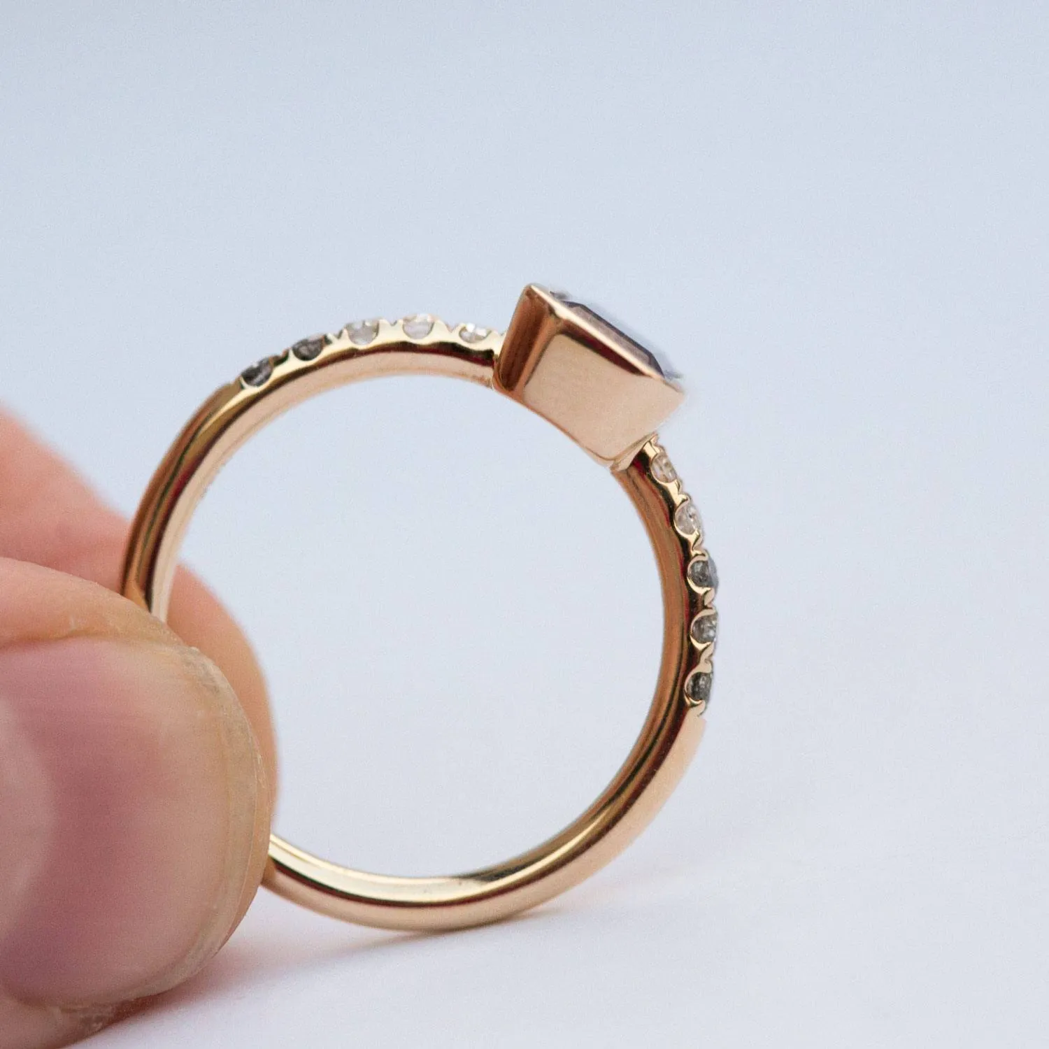 Black and Pink Bi Color Tourmaline Ring in yellow gold with ombré grey diamonds by Anueva Jewelry