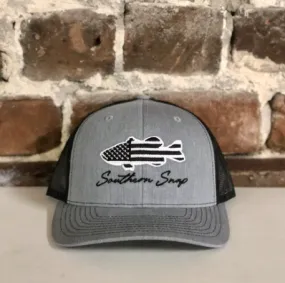 Black and White American Flag Largemouth Bass TRUCKER HAT