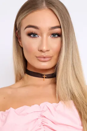 Black Mesh Gold Cross Choker- Devil