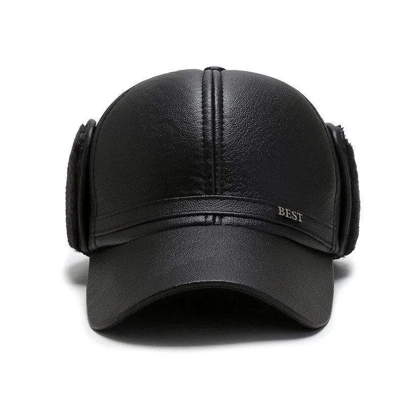 Black Pu Leather Baseball Cap Men's Winter Snapback Hat Earflaps Warm Baseball Caps Casquette Homme Dad Hat