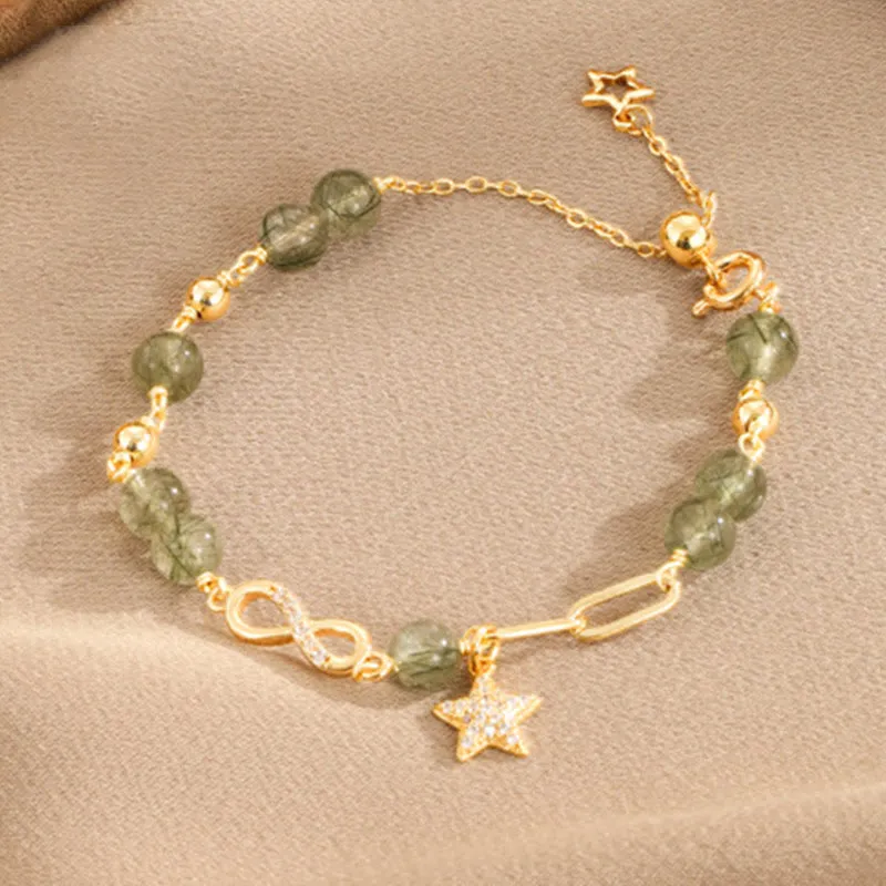 Buddha Stones 14K Gold Green Rutilated Quartz Möbius Loop Eternal Love Star Protection Bracelet
