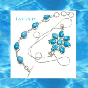 Caribbean Blue Larimar Gemstone Silver Bracelet and Pendant Necklace