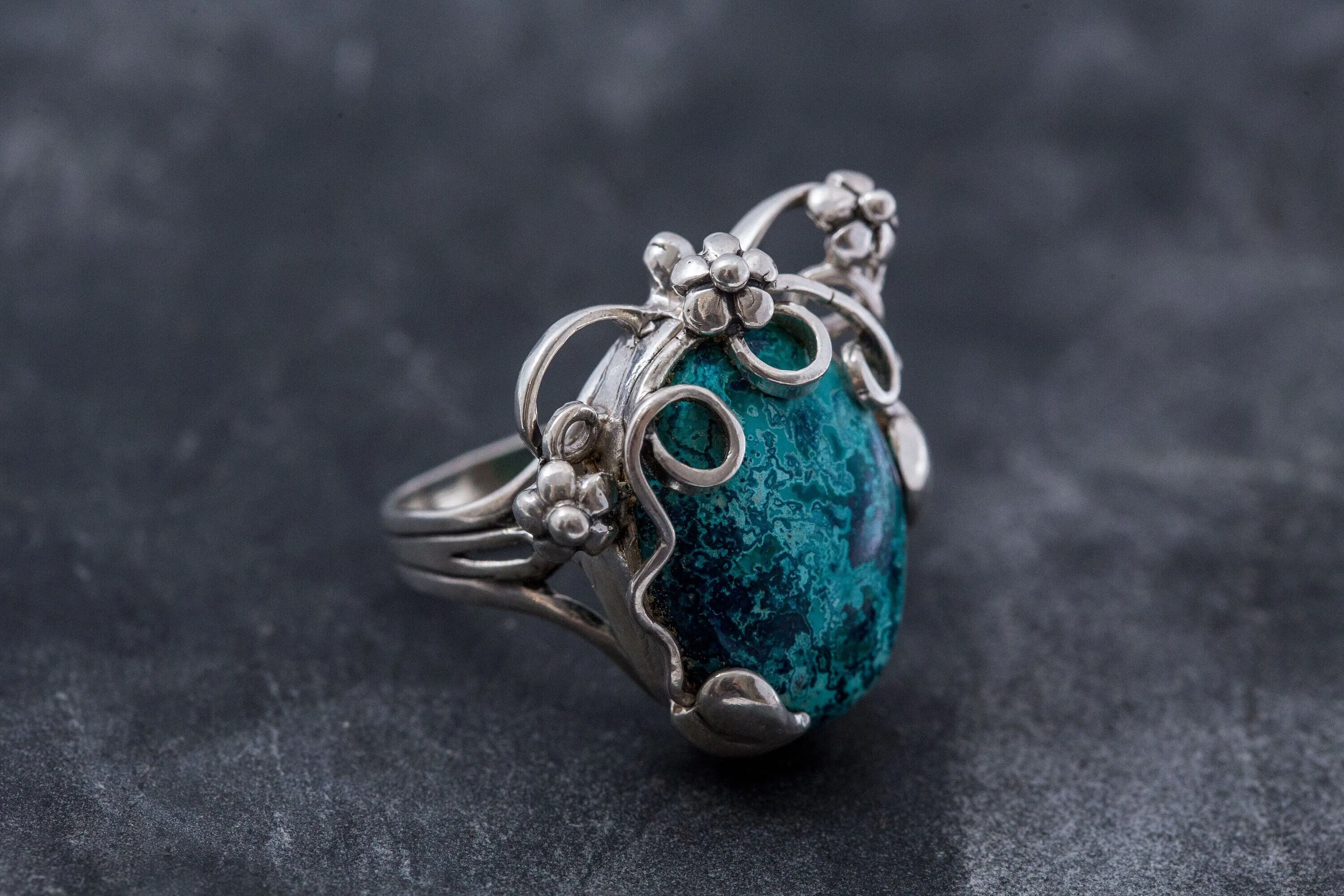 Chrysocolla Ring - Statement Boho Ring - Blue Flower Ring