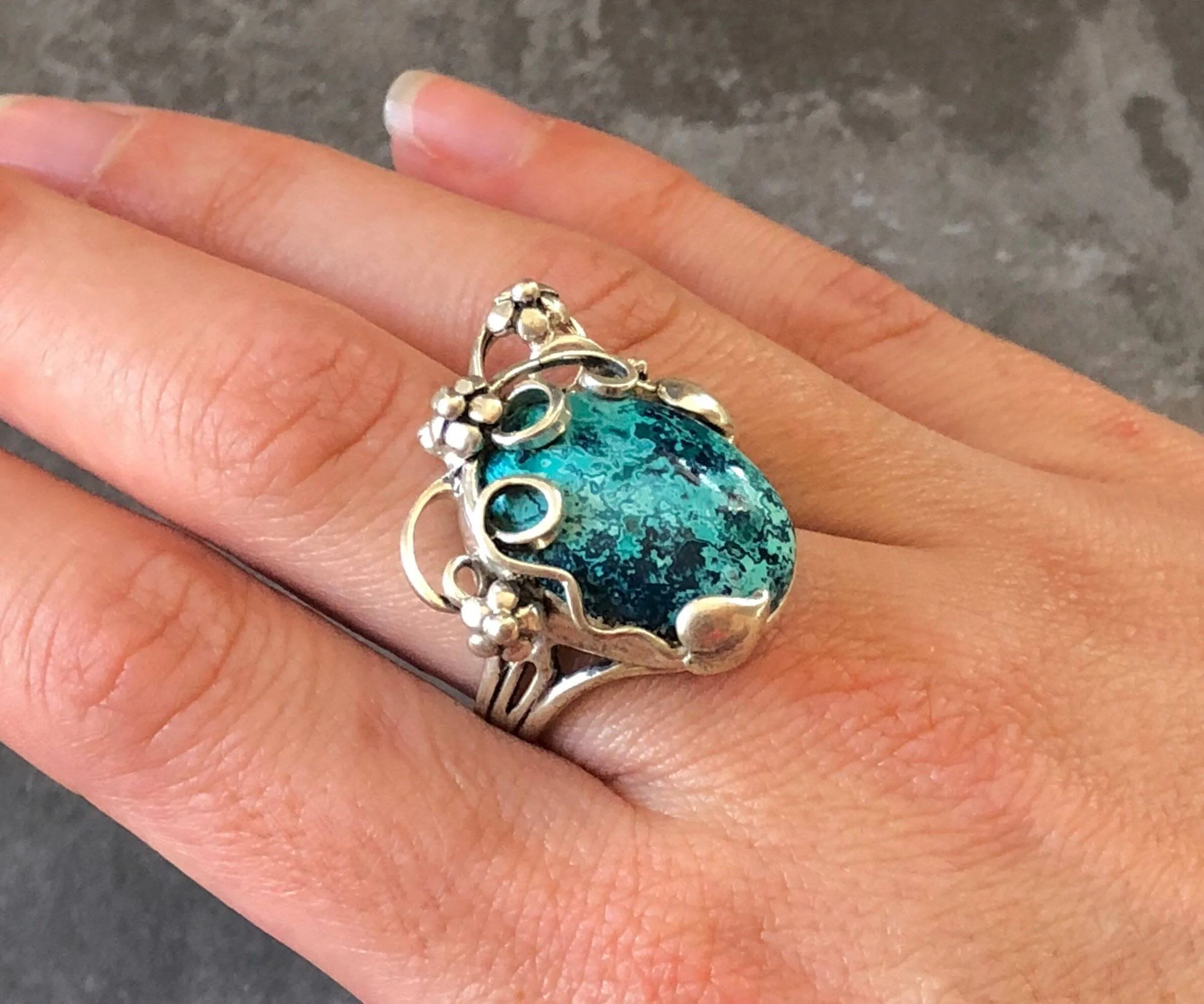 Chrysocolla Ring - Statement Boho Ring - Blue Flower Ring