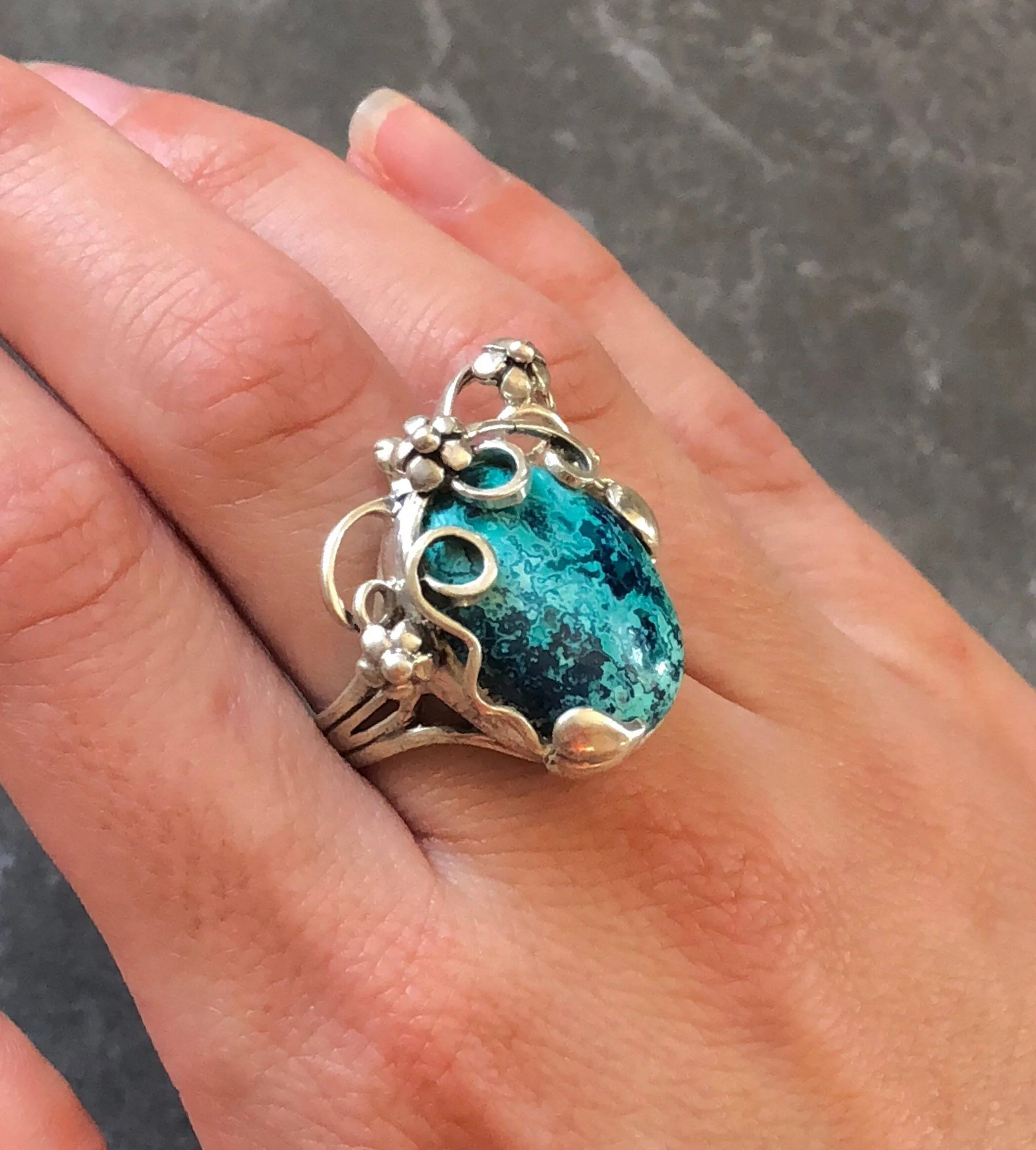 Chrysocolla Ring - Statement Boho Ring - Blue Flower Ring