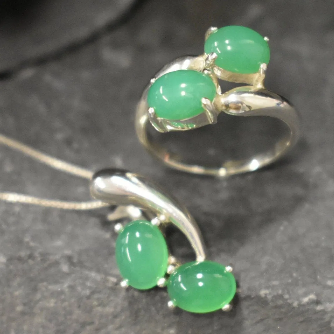 Chrysoprase Ring - Green Bypass Ring - Two Stone Ring
