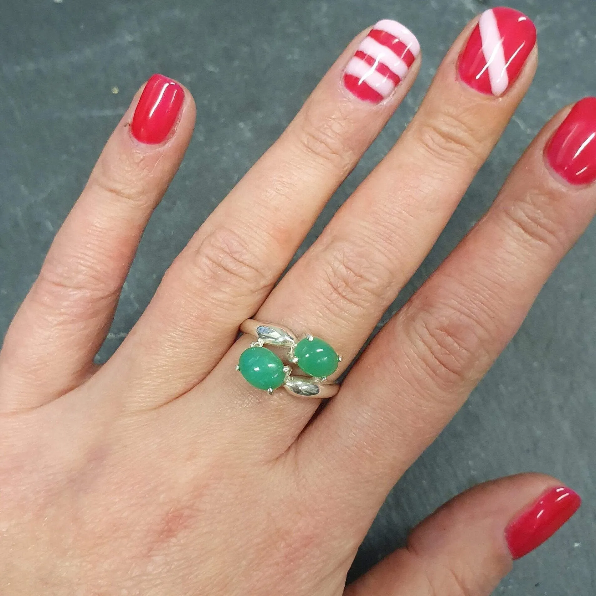 Chrysoprase Ring - Green Bypass Ring - Two Stone Ring