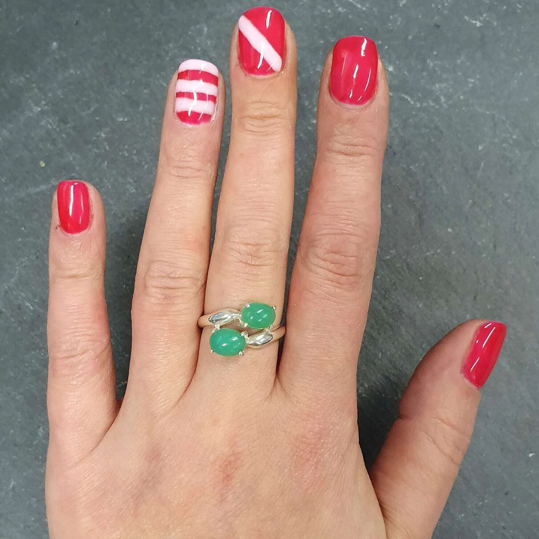 Chrysoprase Ring - Green Bypass Ring - Two Stone Ring