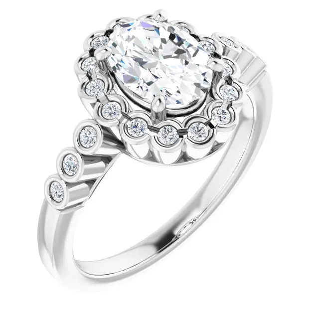 Cubic Zirconia Engagement Ring- The Berkley (Customizable Oval Cut Design with Round-bezel Halo and Band Accents)