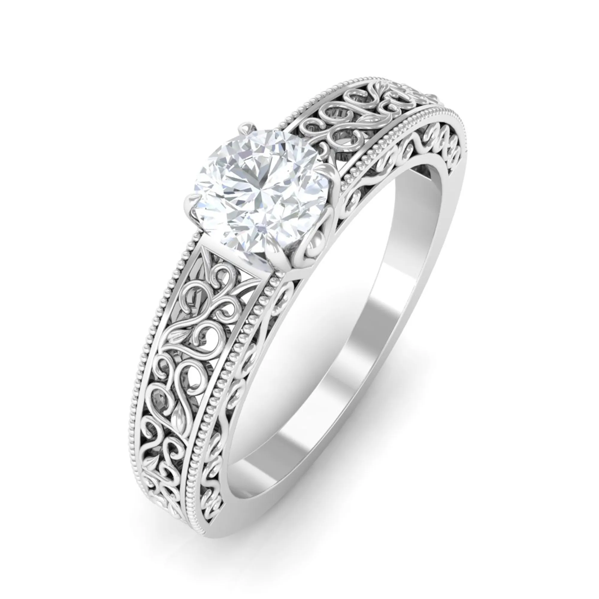 Cubic Zirconia Solitaire Vintage Inspired Filigree Ring in Claw Setting
