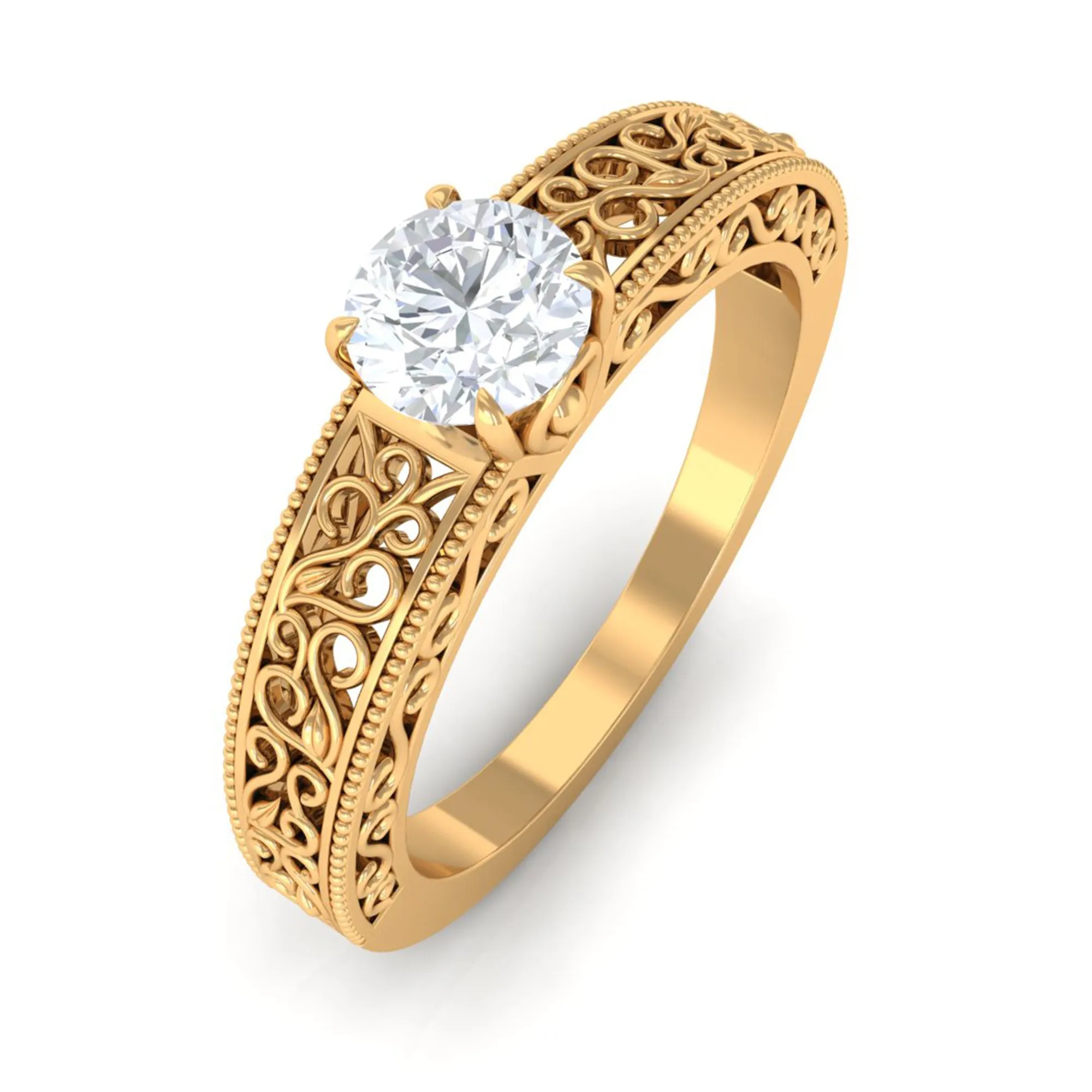 Cubic Zirconia Solitaire Vintage Inspired Filigree Ring in Claw Setting