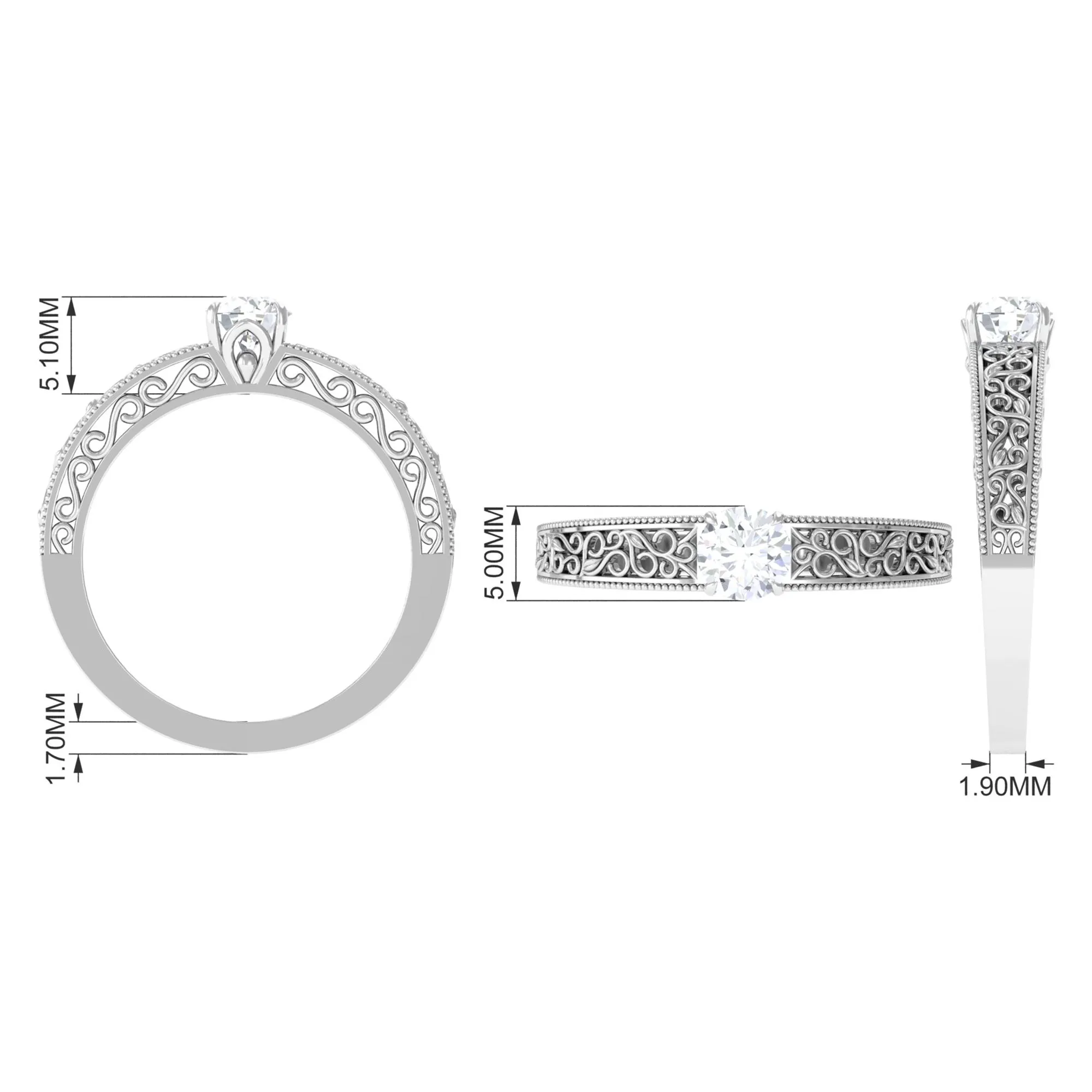 Cubic Zirconia Solitaire Vintage Inspired Filigree Ring in Claw Setting