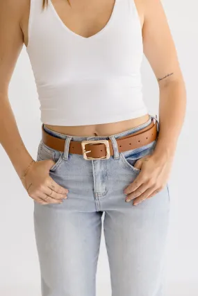 Diana Rectangle Metal Buckle Vegan Leather Belt Cognac