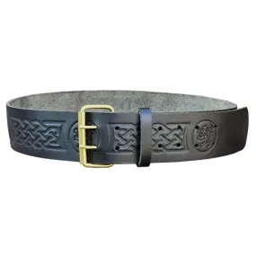 Double Prong Rampant Lion Embossed Black Leather Kilt Belt