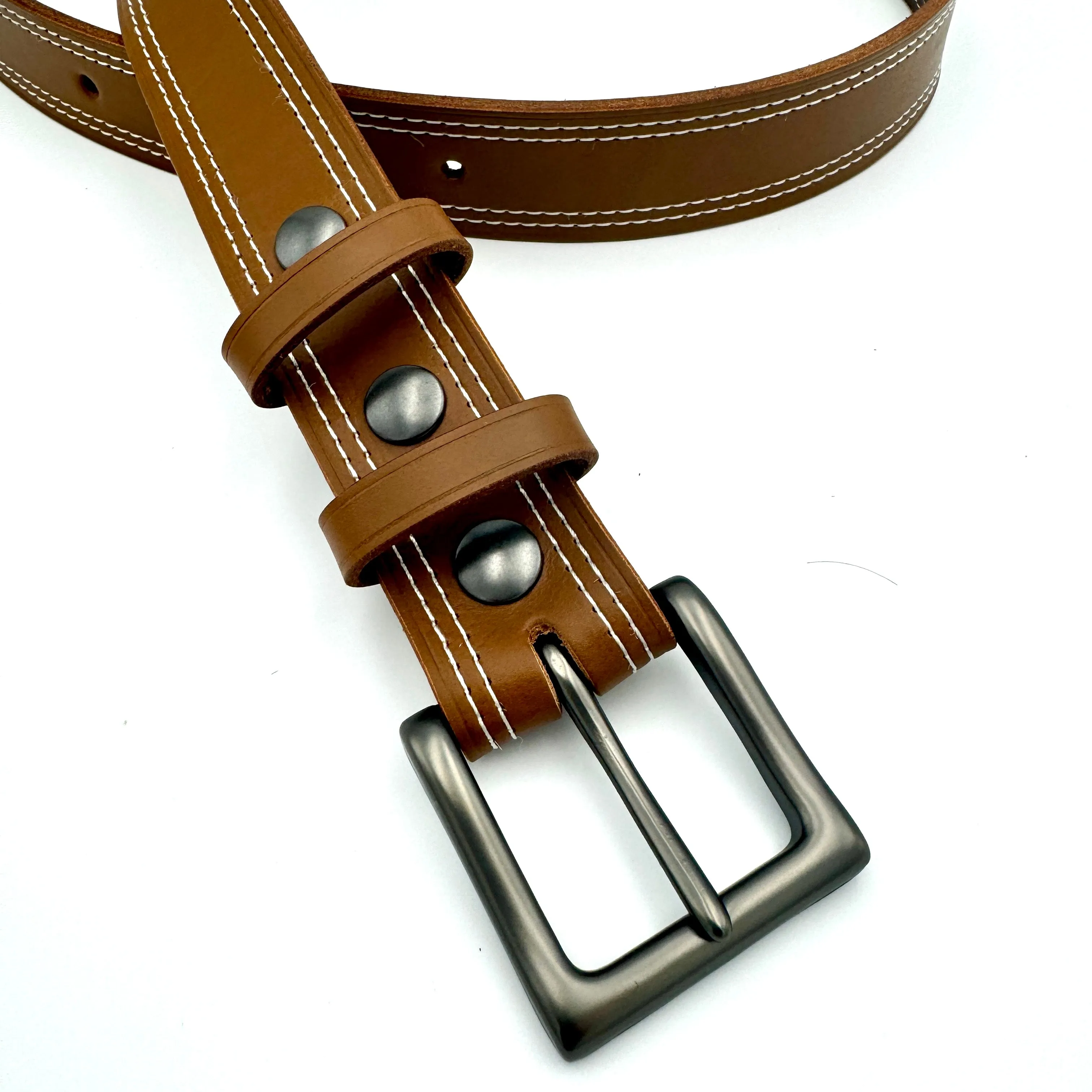 Double Stitched Men's Belt - Caramel Brown Vegetable Tanned Leather with Double Keepers