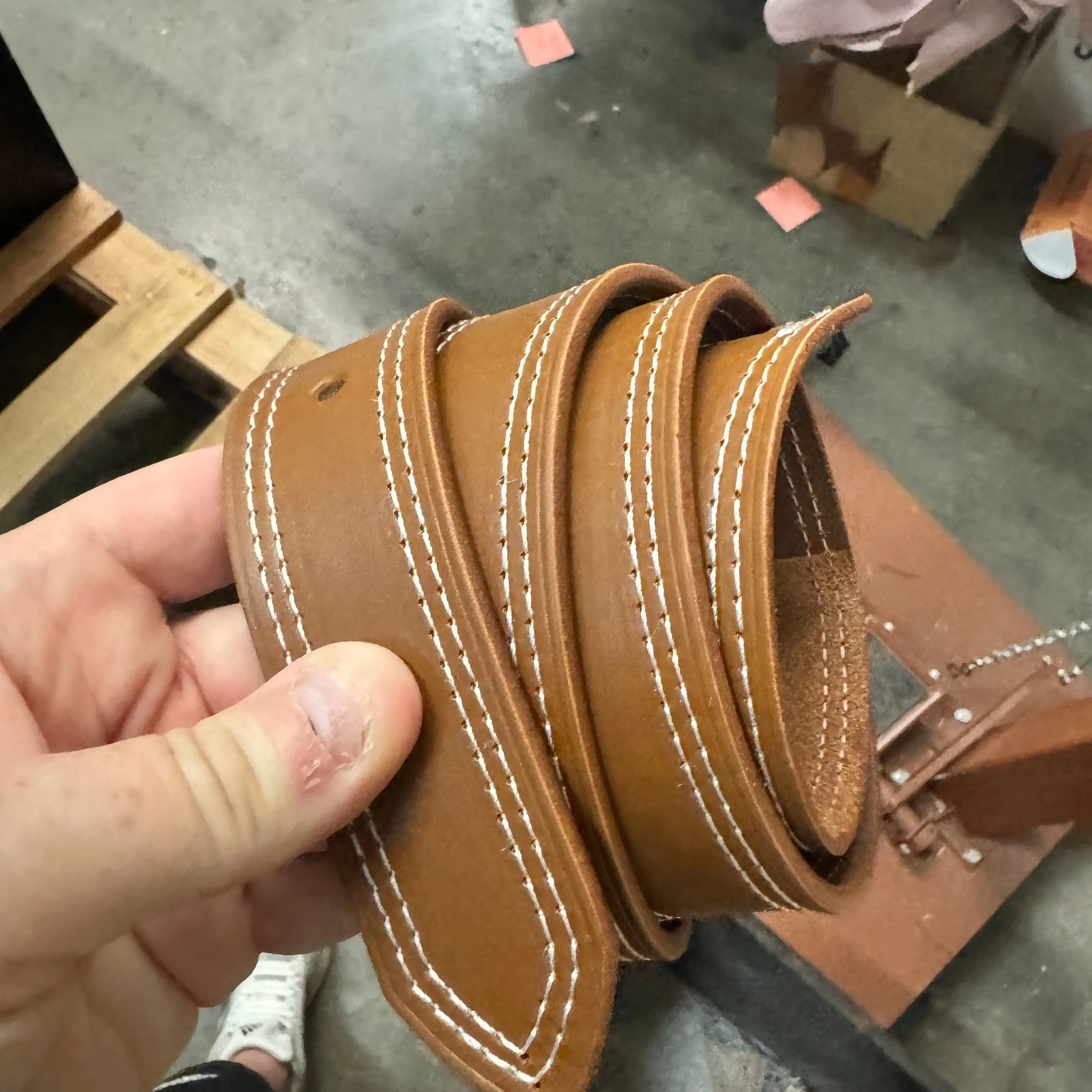 Double Stitched Men's Belt - Caramel Brown Vegetable Tanned Leather with Double Keepers