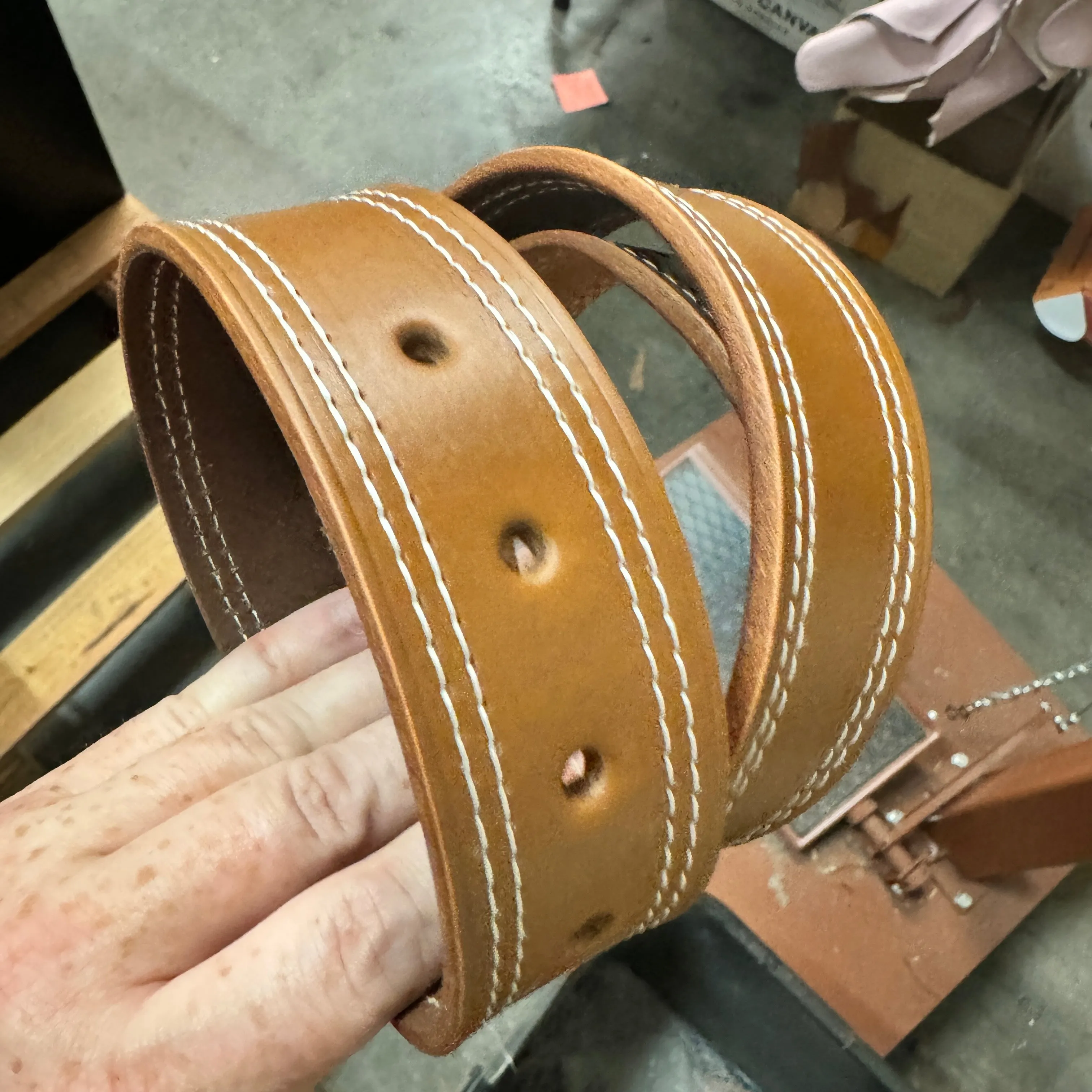 Double Stitched Men's Belt - Caramel Brown Vegetable Tanned Leather with Double Keepers