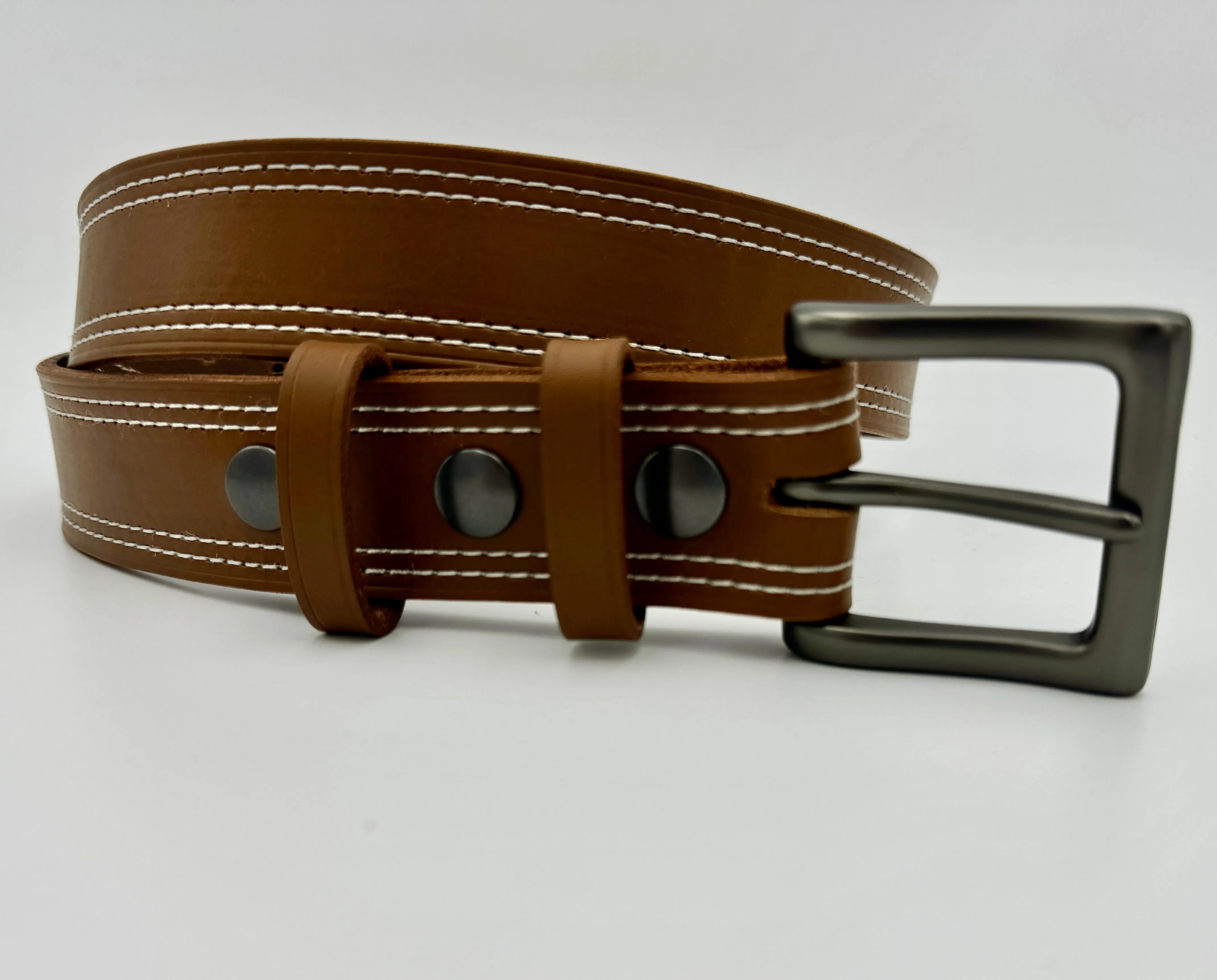 Double Stitched Men's Belt - Caramel Brown Vegetable Tanned Leather with Double Keepers